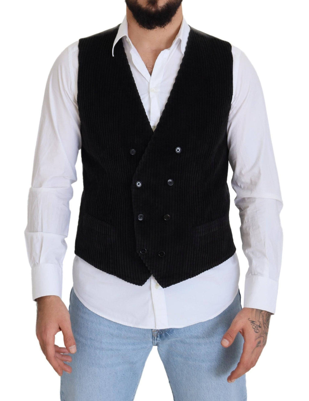 Gilet croisé noir en coton de la marque Dolce & Gabbana, veste à double boutonnage élégante et classique.