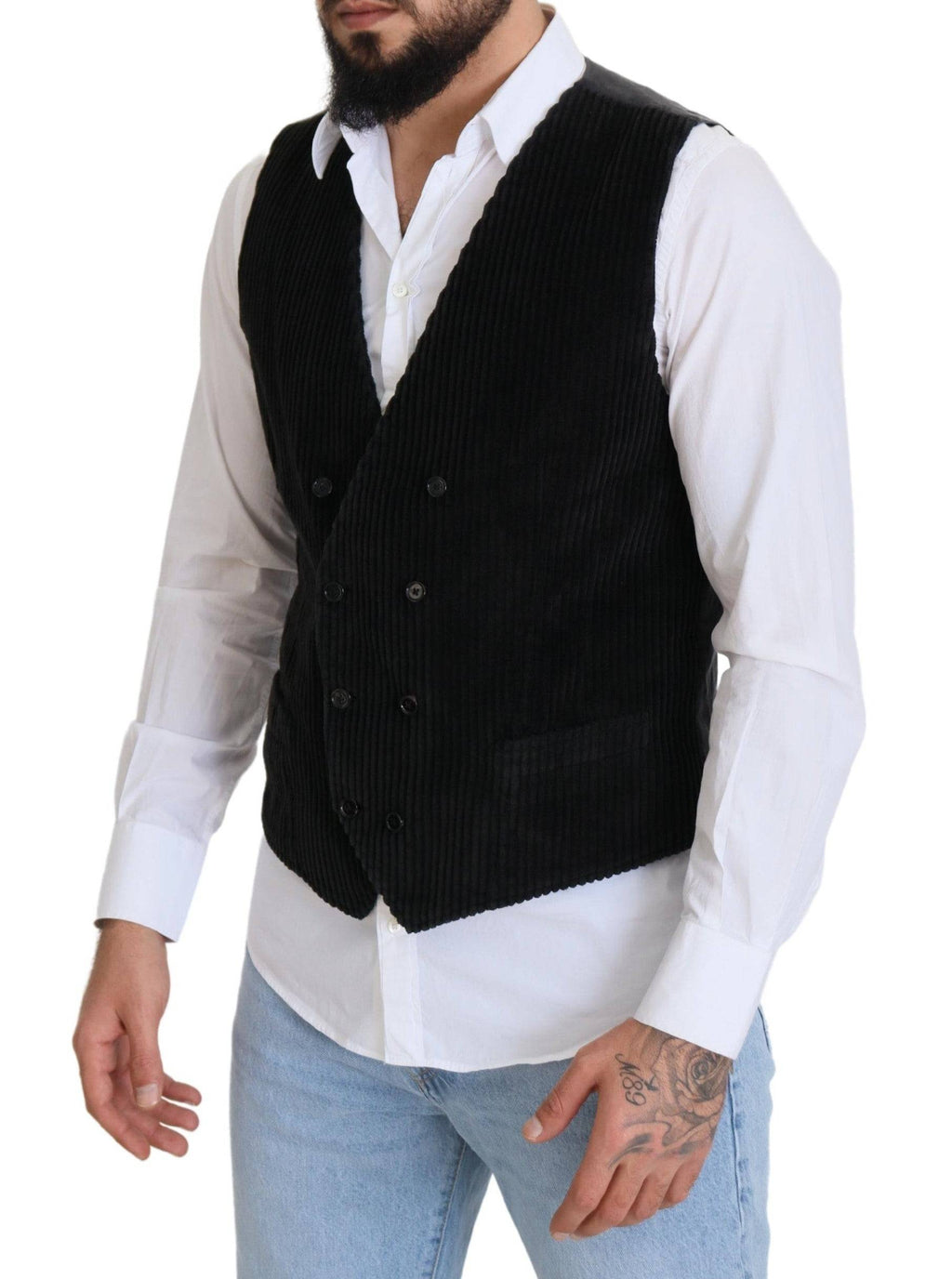 Gilet noir en coton Dolce & Gabbana à double boutonnage, élégance masculine et style moderne.