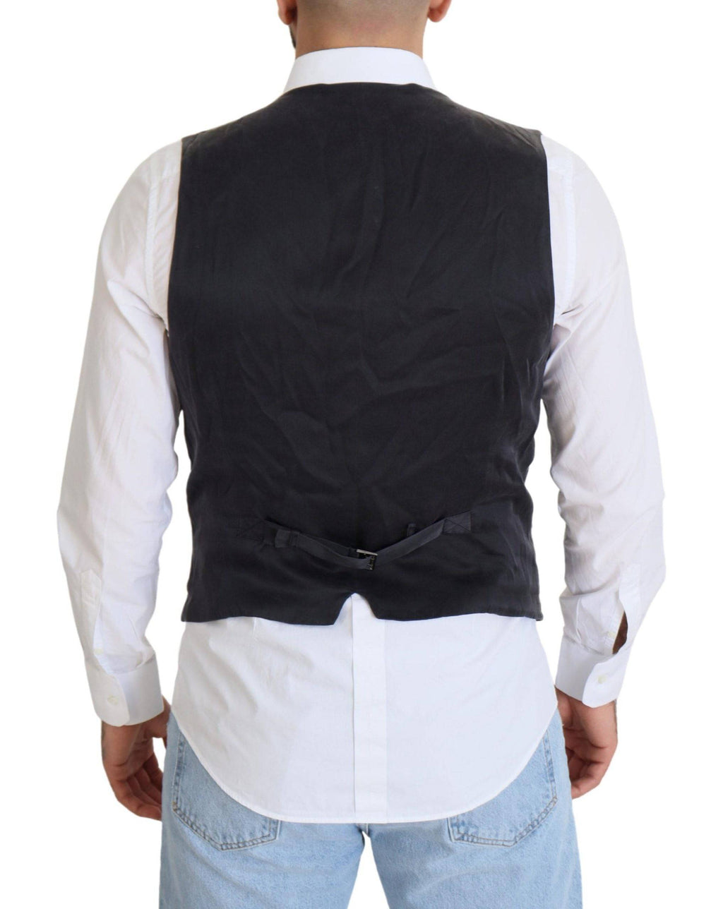 Gilet noir en coton à double boutonnage de Dolce & Gabbana, veste élégante pour homme, détail de la fermeture à boutons.