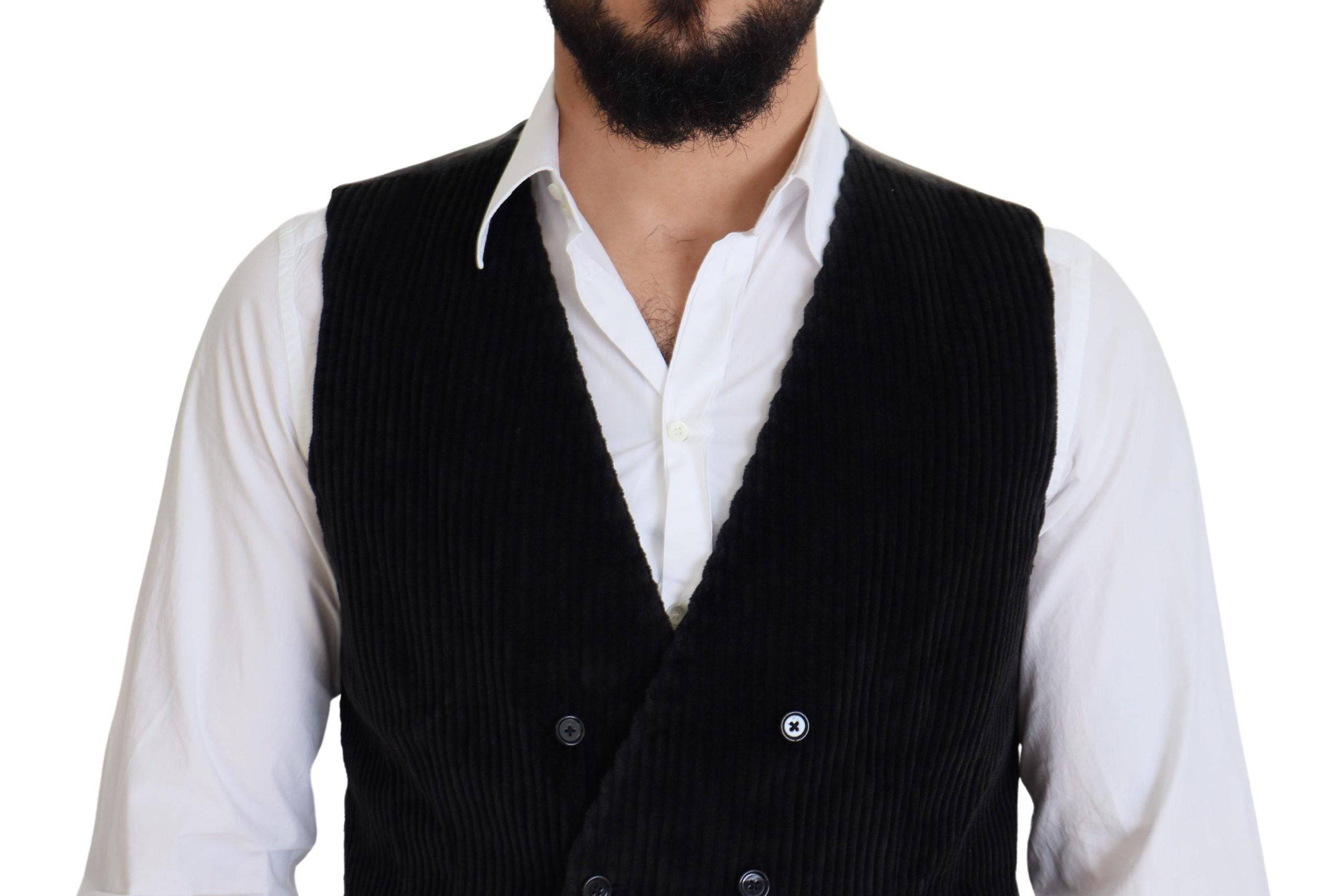 Gilet noir en coton Dolce & Gabbana à double boutonnage, vue de face, détails élégants et coupe ajustée.