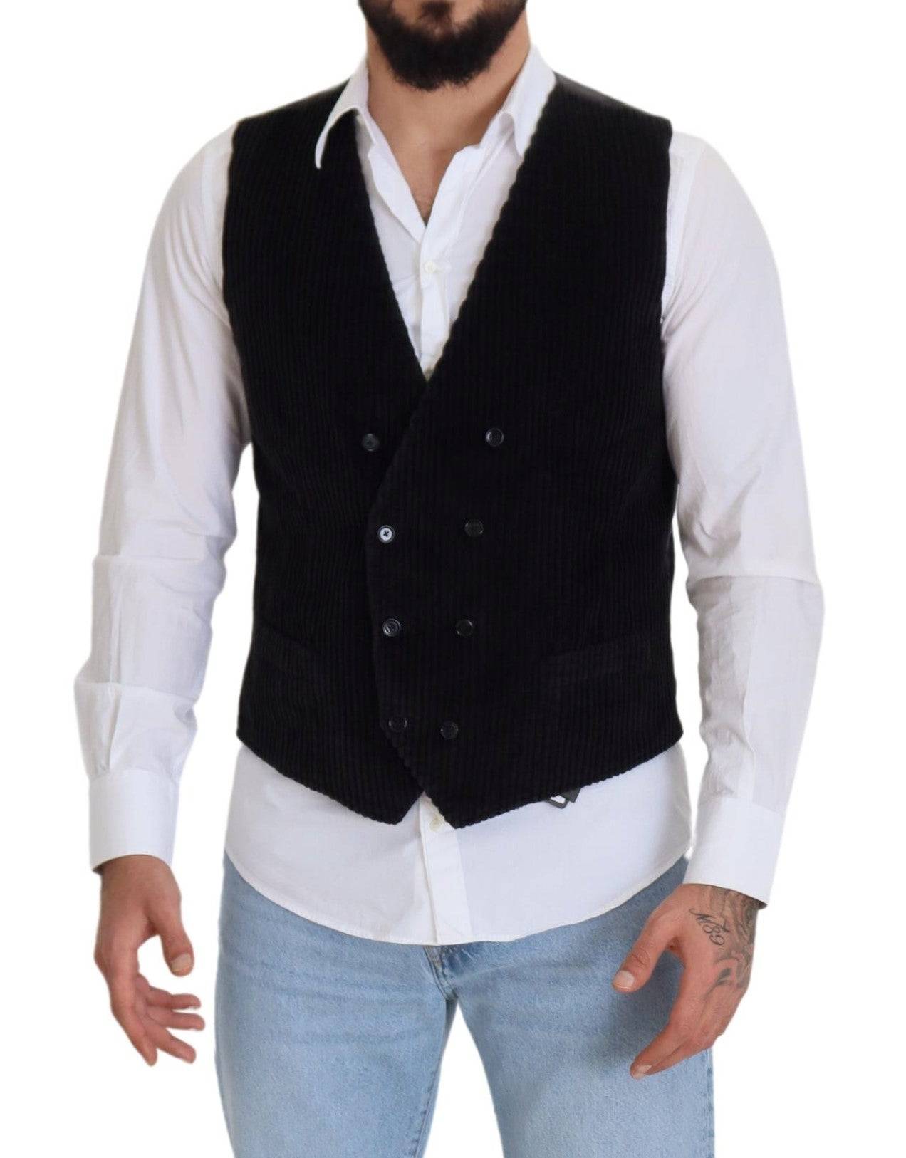 Gilet noir en coton Dolce & Gabbana à double boutonnage, élégant et ajusté, pour homme.