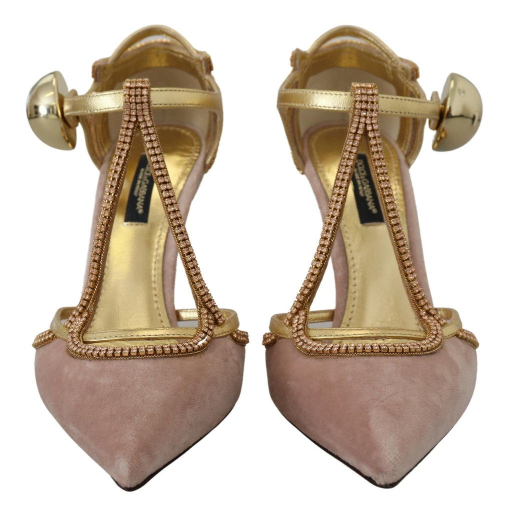 Chaussures Dolce & Gabbana à talons T-strap roses et cristaux roses, élégantes et sophistiquées pour femmes.