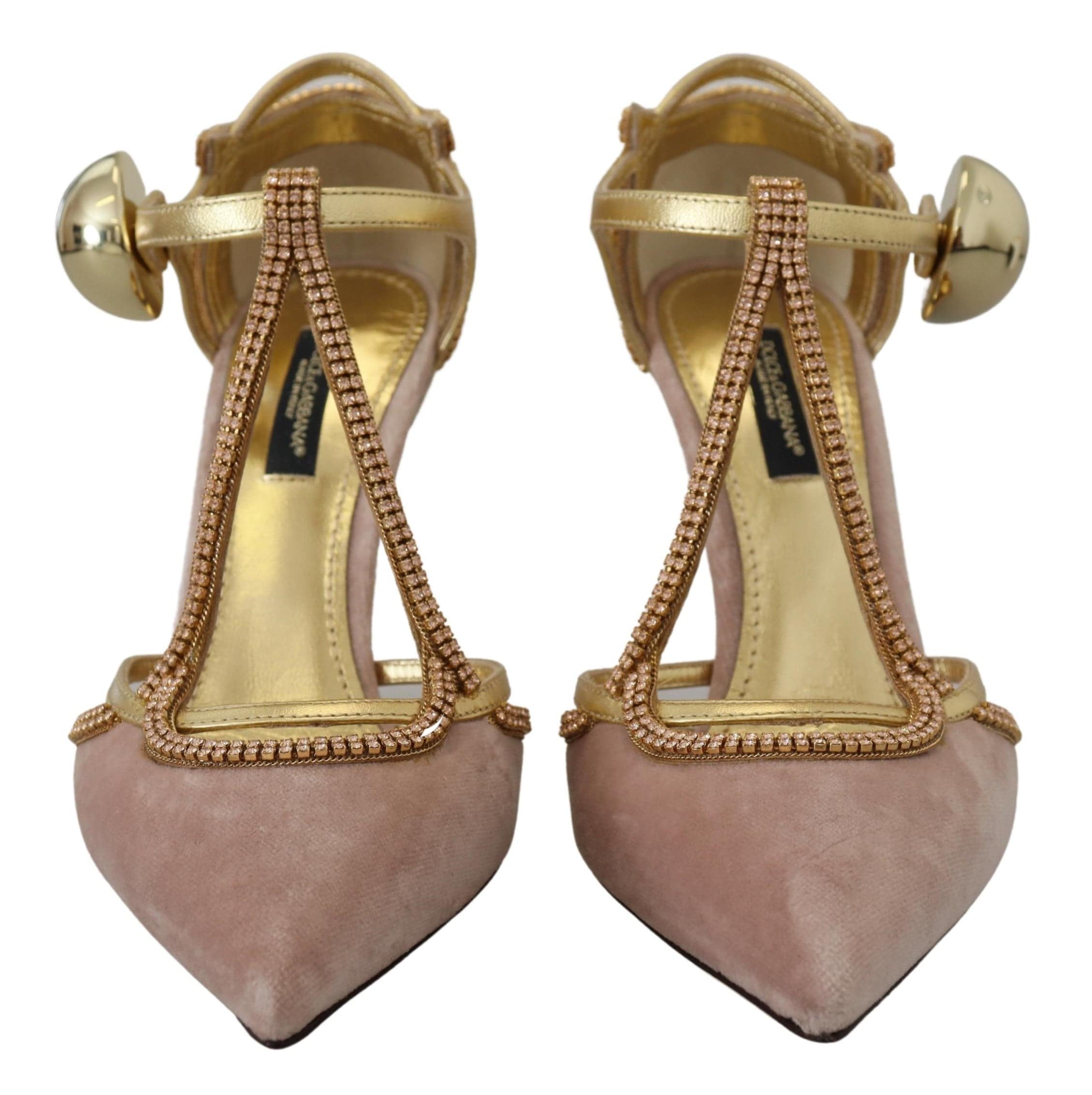 Chaussures Dolce & Gabbana à talons T-strap roses et cristaux roses, élégantes et sophistiquées pour femmes.