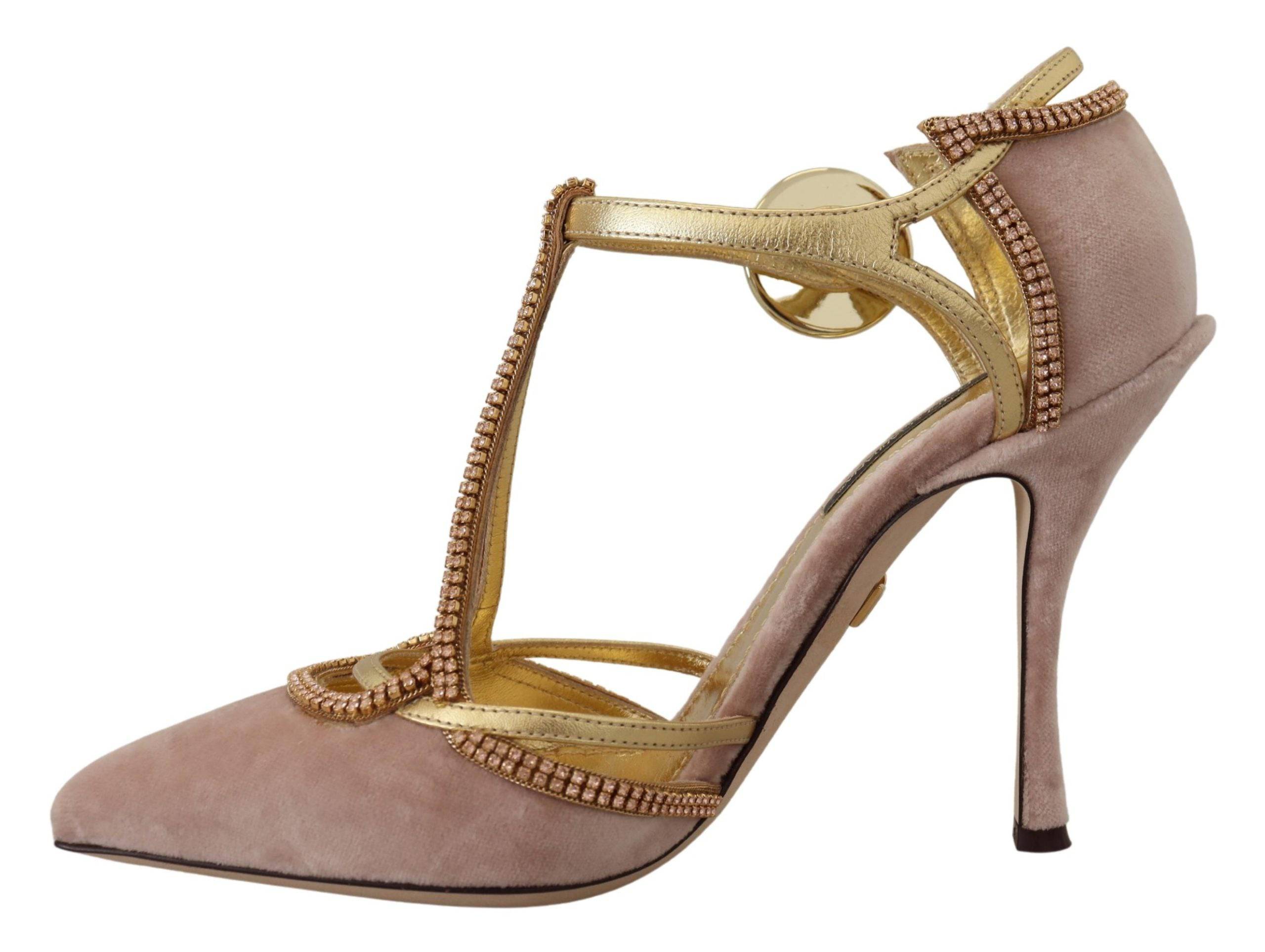 Escarpins à bride T rose en cristal de Dolce & Gabbana, chaussures élégantes avec semelle en cuir et détails brillants.