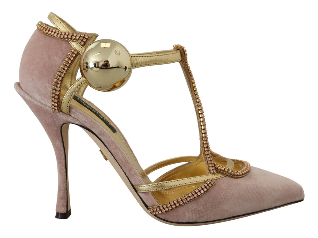 Chaussures à talons Dolce & Gabbana roses avec bride T-strap en cristal, semelle en cuir et design élégant.
