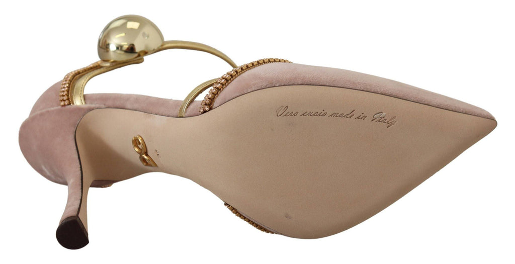 Chaussures à talons Dolce & Gabbana T-strap roses et cristaux roses, élégantes et féminines pour femmes.
