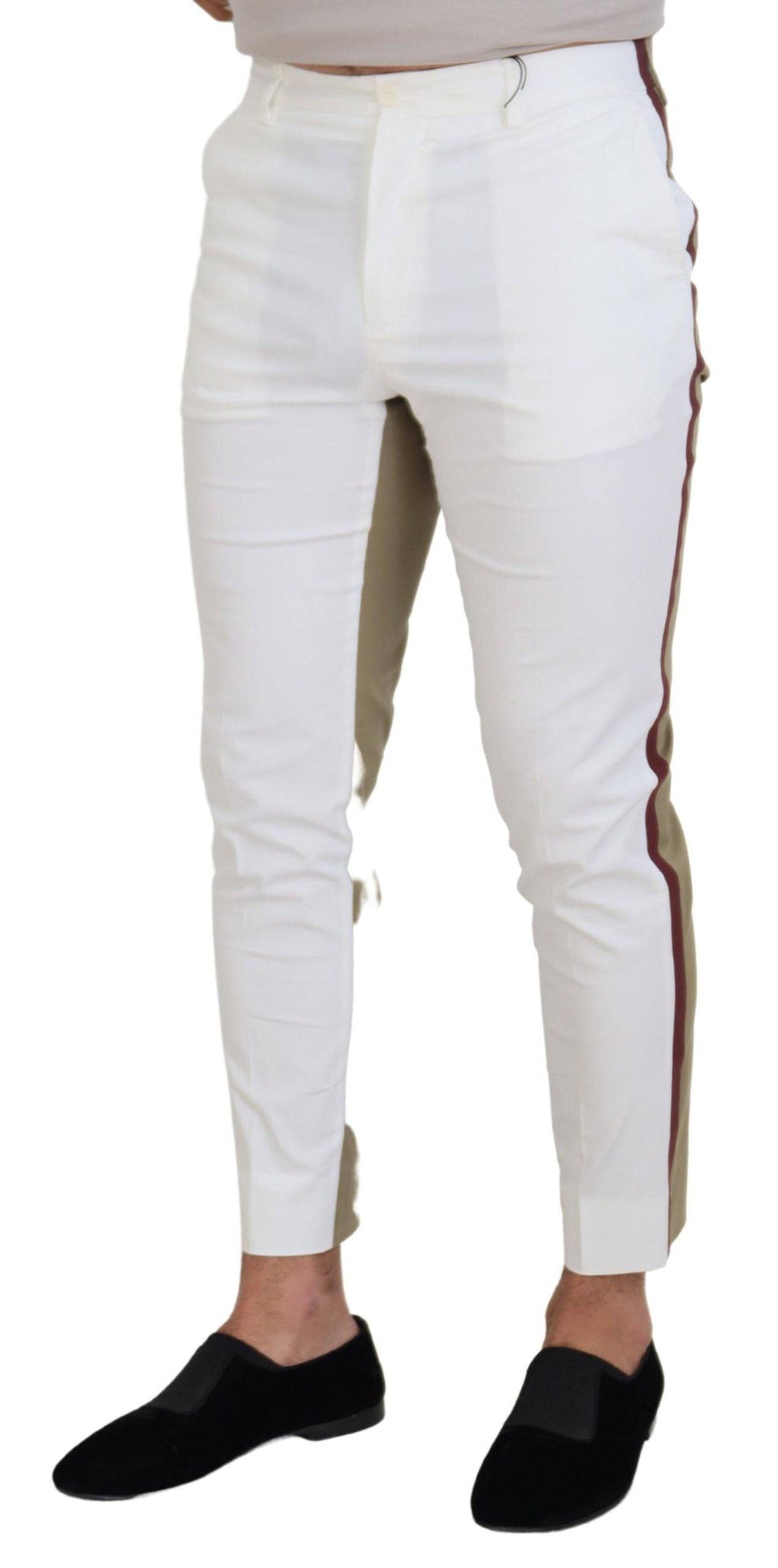 Pantalon chino slim blanc et brun Dolce & Gabbana, coupe ajustée, vue de face sur un fond neutre.