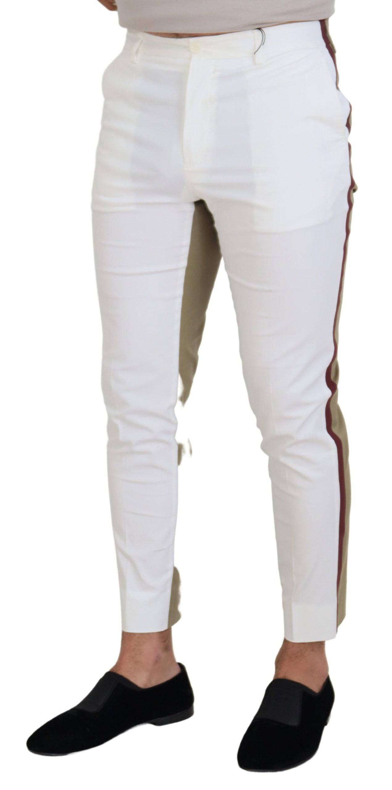 Pantalon chino slim blanc et brun Dolce & Gabbana, coupe ajustée, vue de face sur un fond neutre.