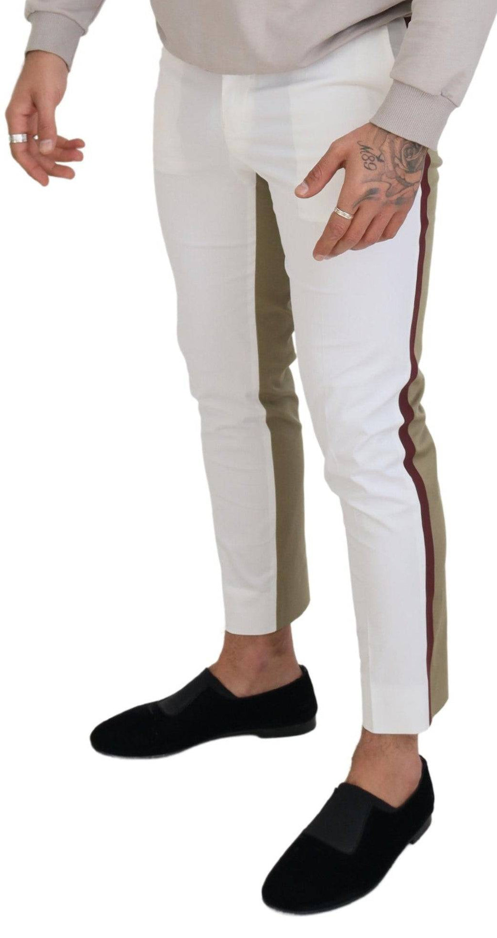 Pantalon chino slim fit blanc et marron Dolce & Gabbana, pantalon tendance pour homme, vue de face avec détails de la poche