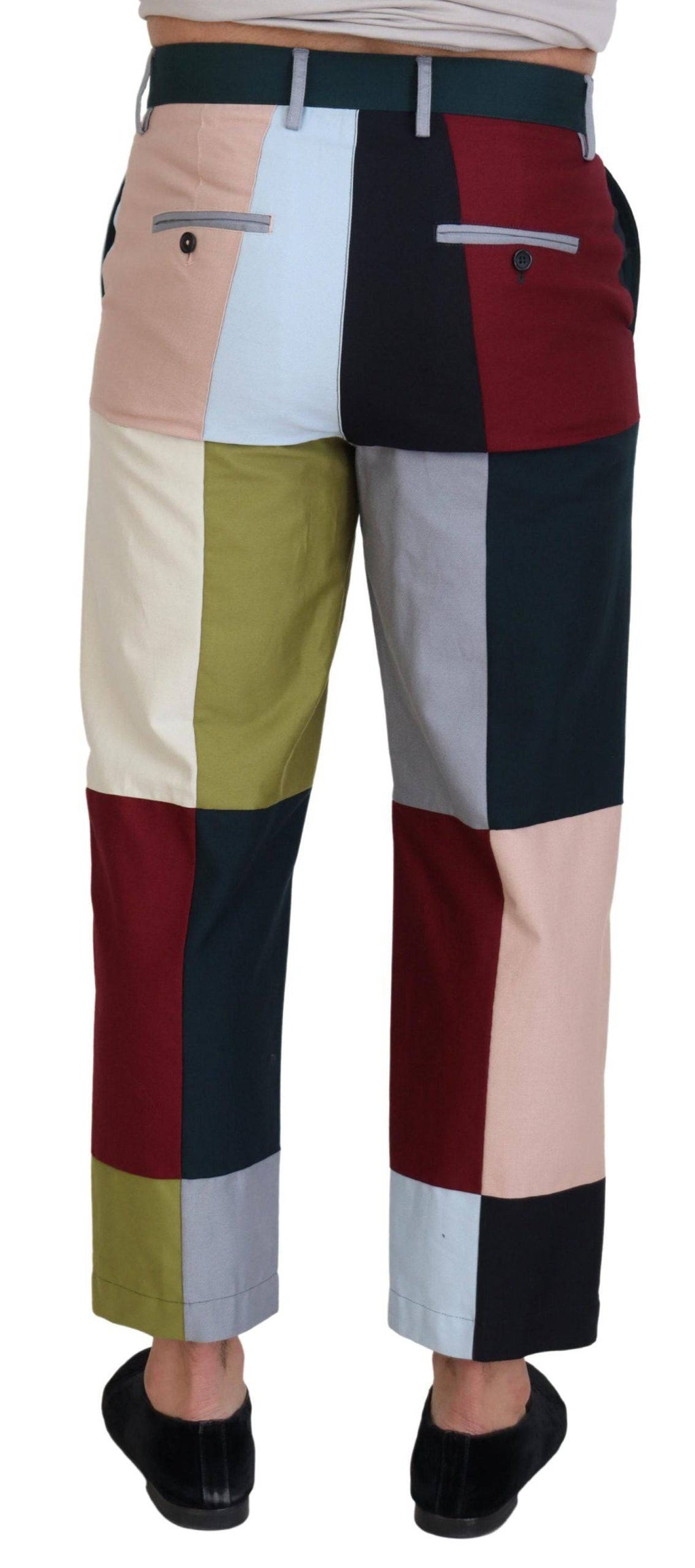 Pantalons en coton multicolore à patchwork de Dolce & Gabbana, style unique, avec détails colorés et couture visible.