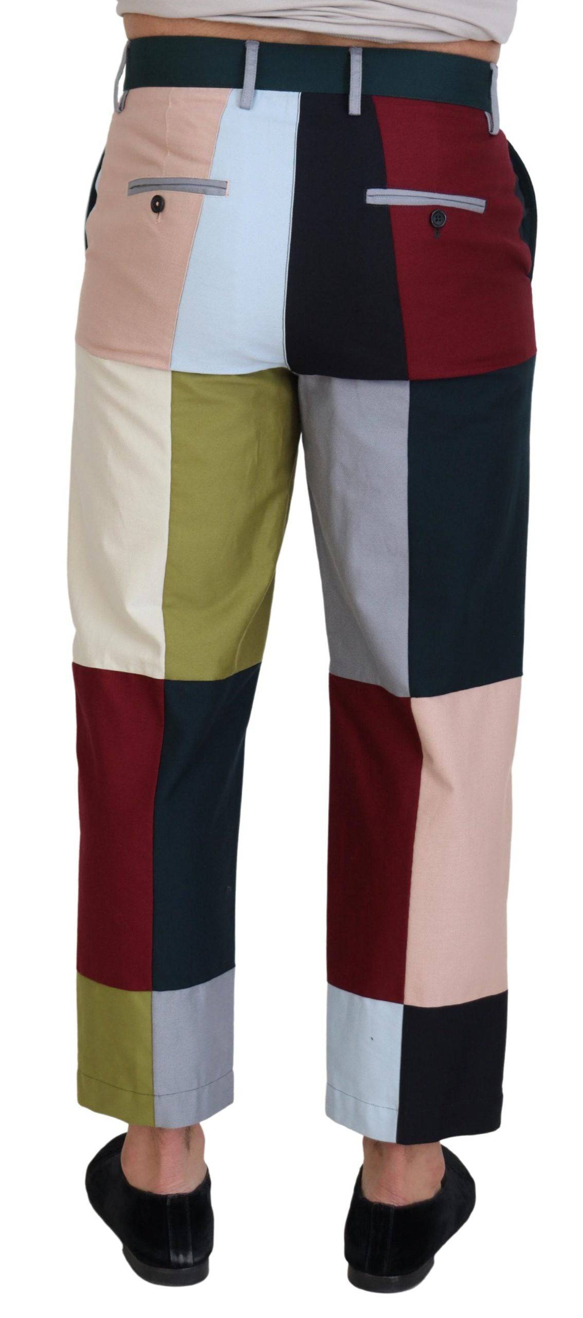 Pantalons en coton multicolore à patchwork de Dolce & Gabbana, style unique, avec détails colorés et couture visible.