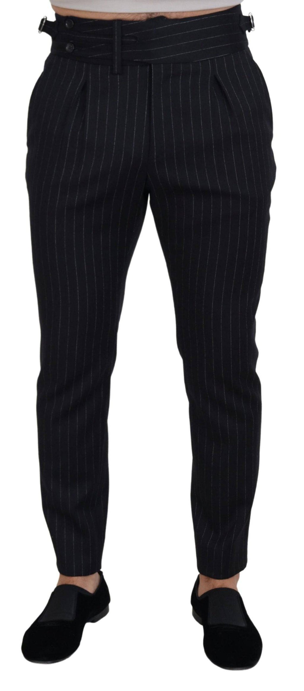 Pantalons chino en laine noire à rayures de Dolce & Gabbana, élégants et classiques, visibles en gros plan.