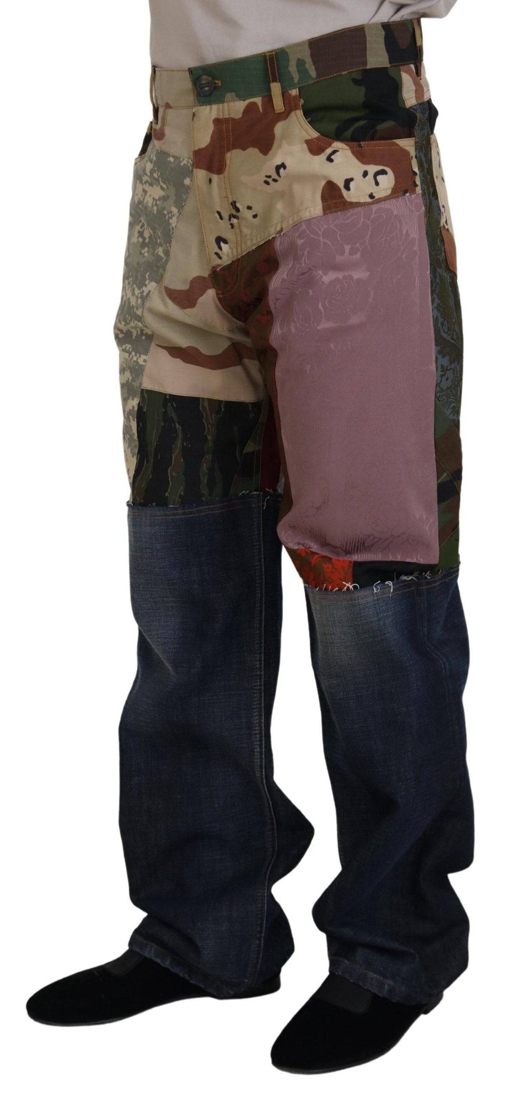Jeans homme Dolce & Gabbana en denim avec patchwork multicolore en soie, style élégant et coloré.