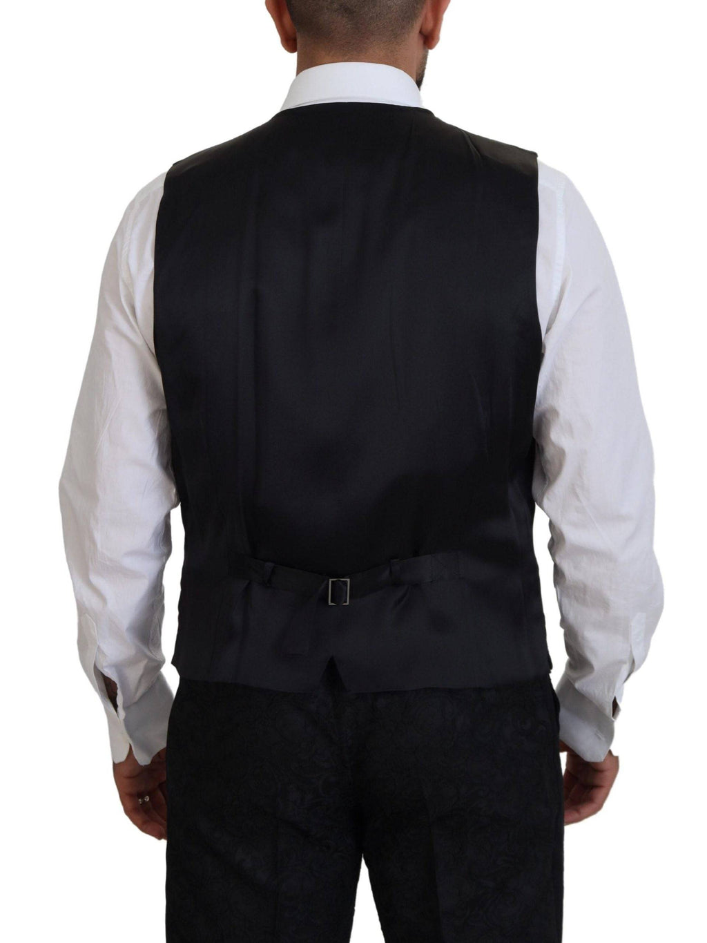 Costume de smoking noir et or Dolce & Gabbana, coupe slim fit, détails élégants, pour homme, vue de devant.