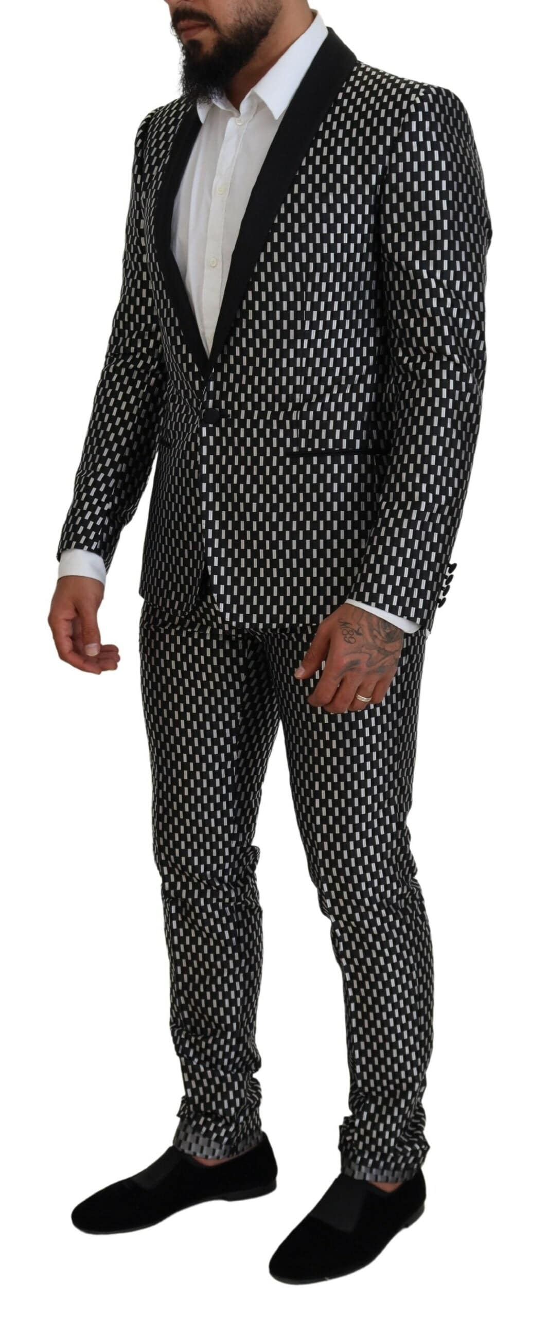 Costume slim fit en soie noir et blanc Dolce & Gabbana Martini, élégance masculine avec détails sophistiqués.