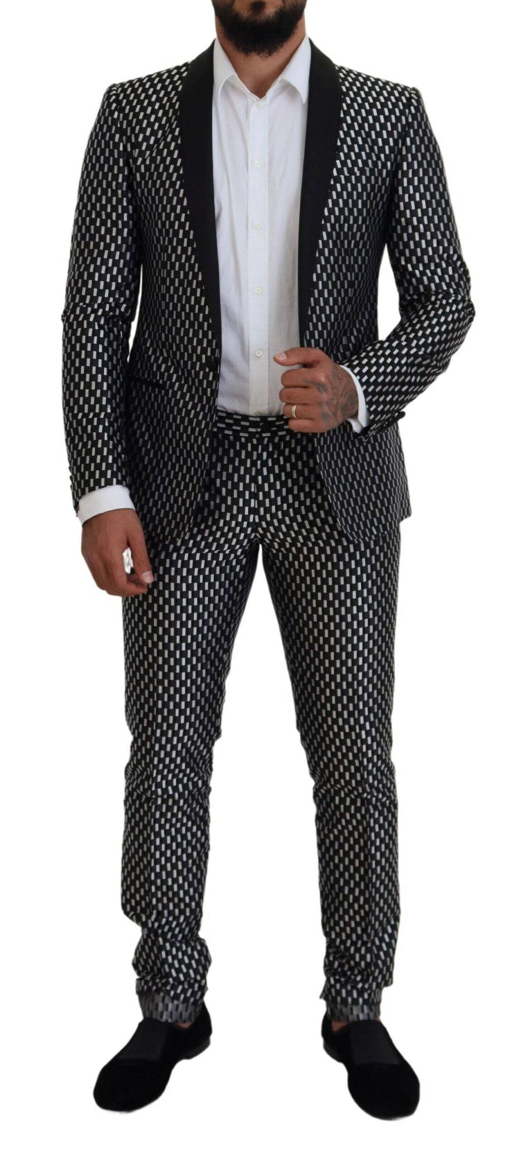 Costume slim fit en soie noir et blanc Dolce & Gabbana Martini, veste élégante avec détails sophistiqués.