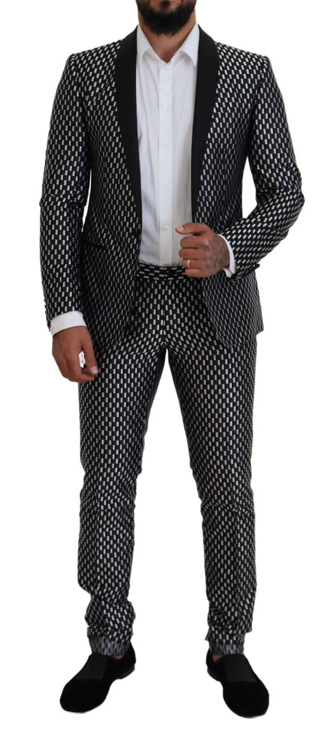 Costume slim fit en soie noir et blanc Dolce & Gabbana Martini, veste élégante avec détails sophistiqués.