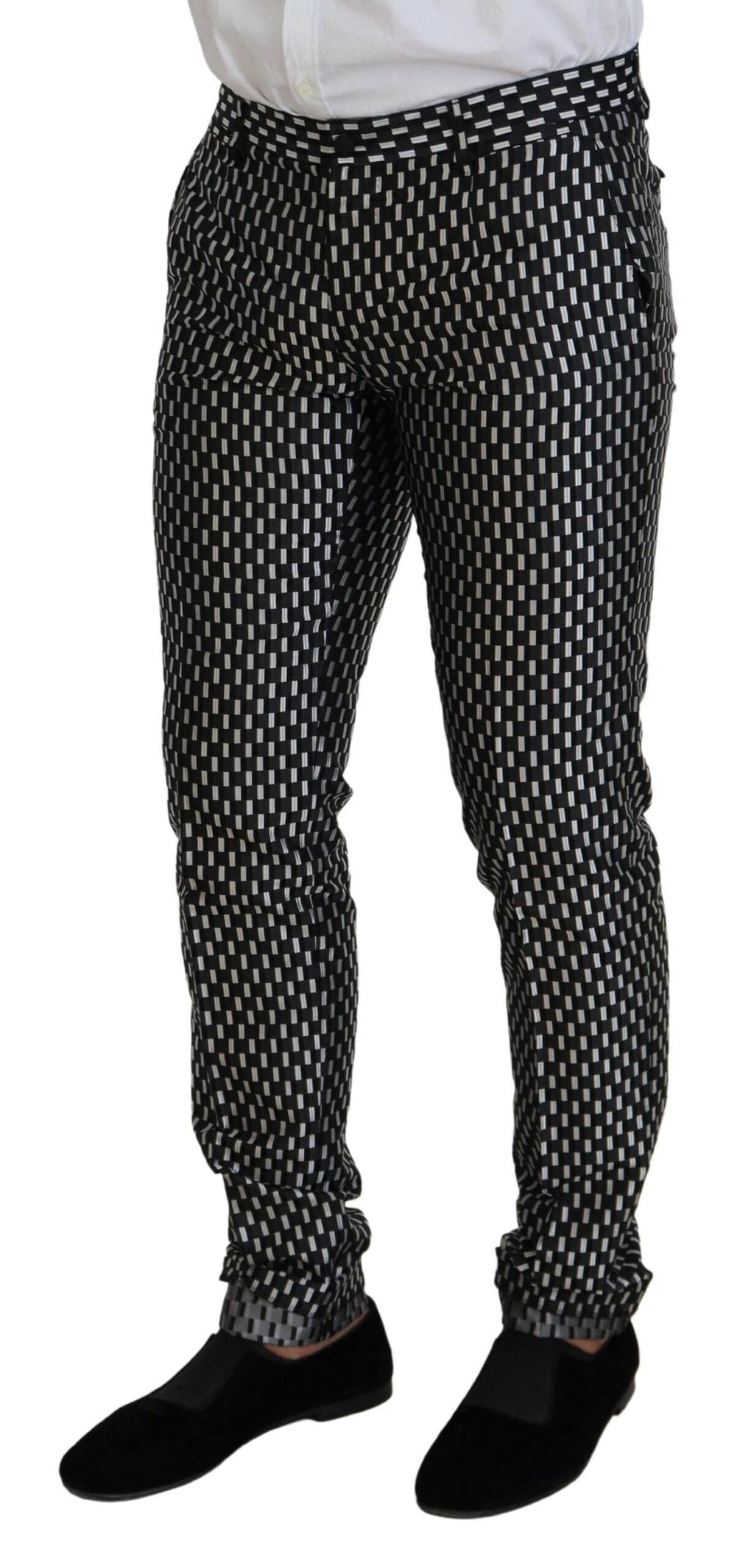 Costume slim fit en soie noir et blanc Dolce & Gabbana Martini, élégant et sophistiqué, visible en détail sur l'image.