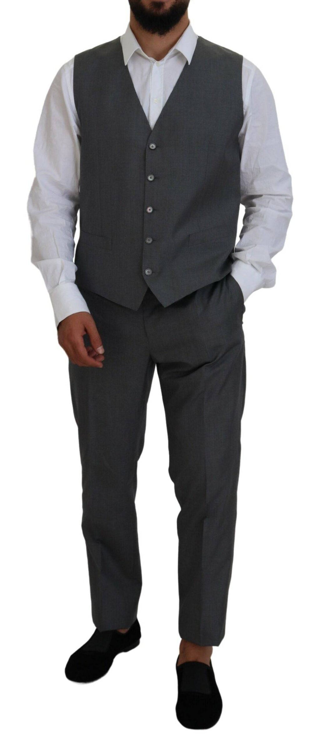 Costume slim fit gris Dolce & Gabbana Martini en trois pièces, vue détaillée du costume élégant pour homme.