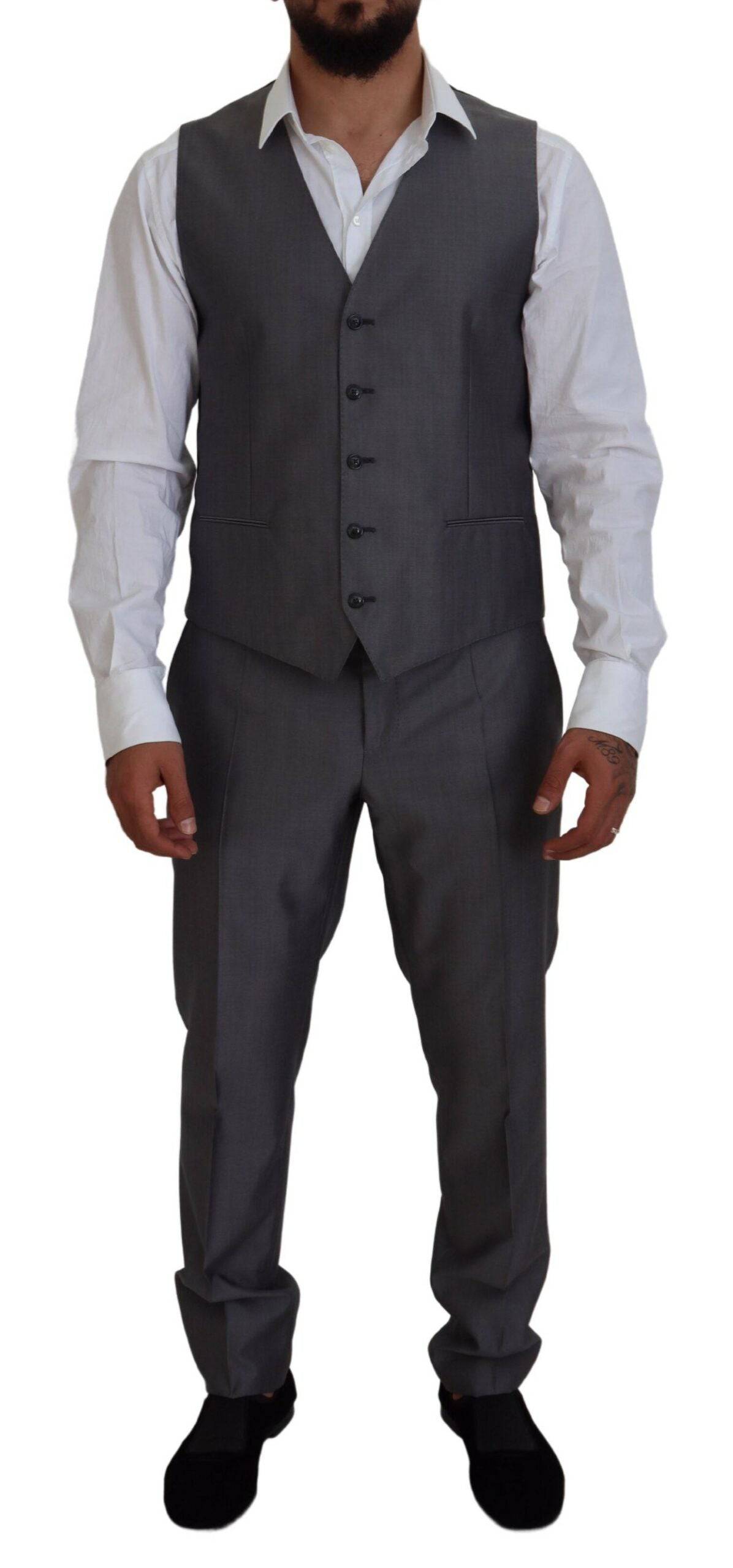 Costume gris Dolce & Gabbana Sicilia en trois pièces, coupe slim fit, costume élégant pour homme.