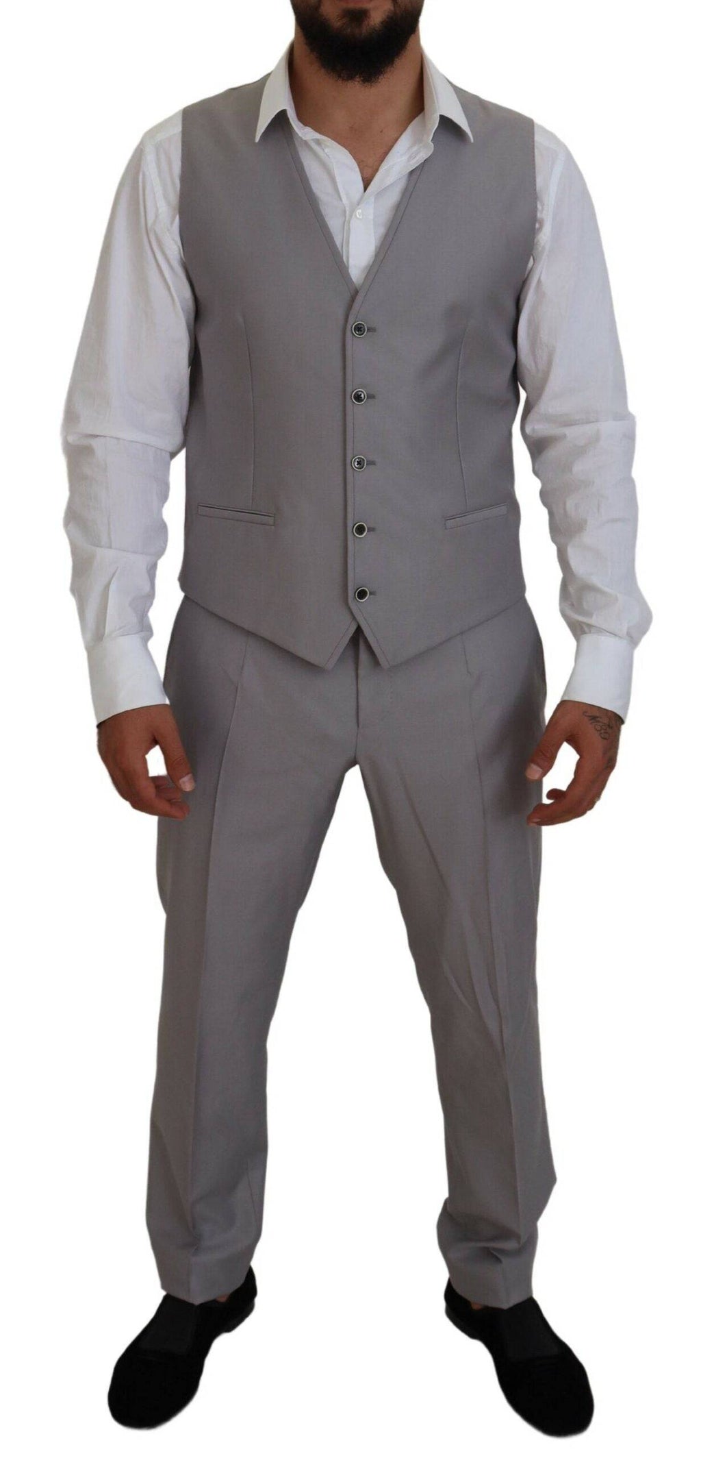 Costume slim fit en laine et soie gris argenté de Dolce & Gabbana, ensemble en trois pièces élégant pour homme