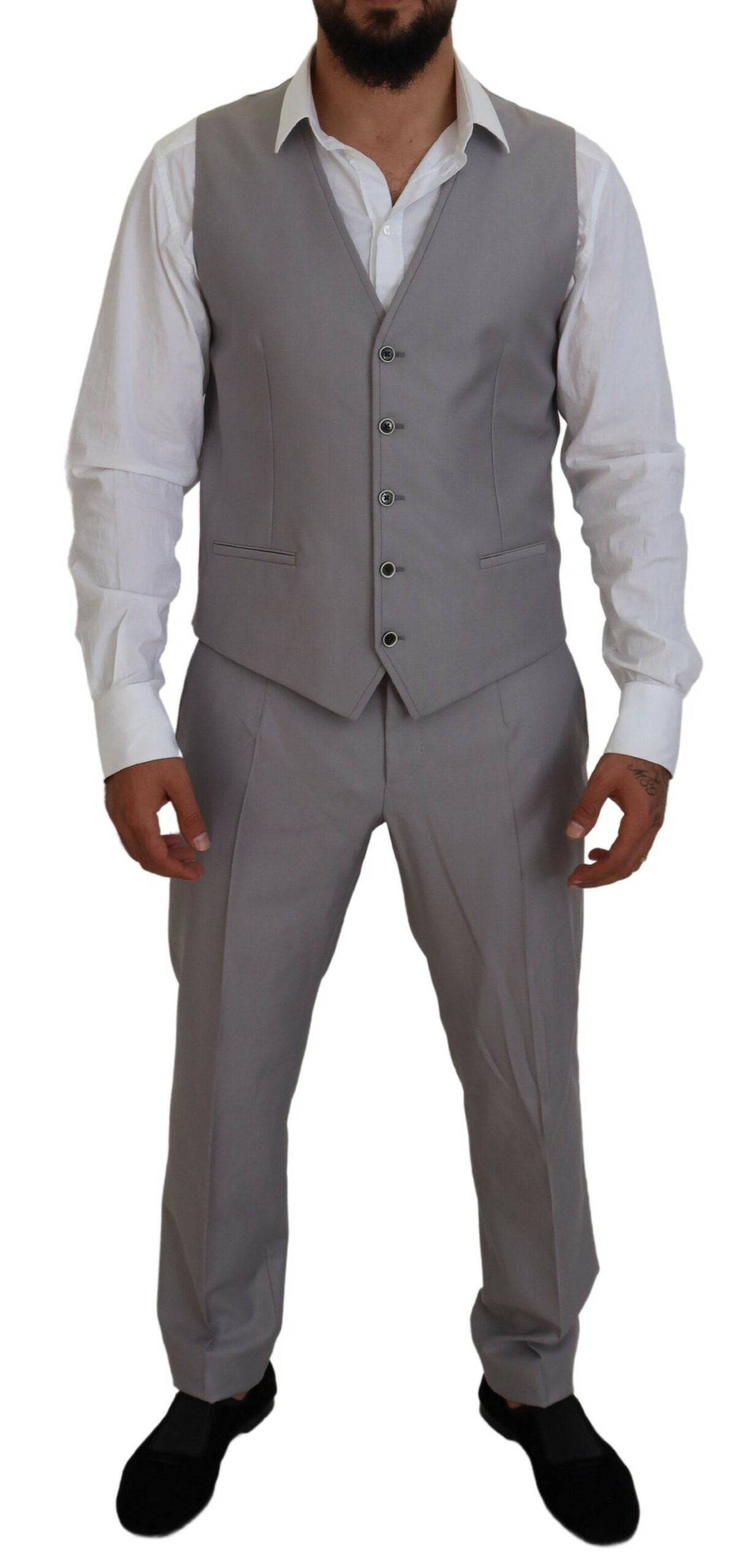 Costume slim fit en laine et soie gris argenté de Dolce & Gabbana, ensemble en trois pièces élégant pour homme