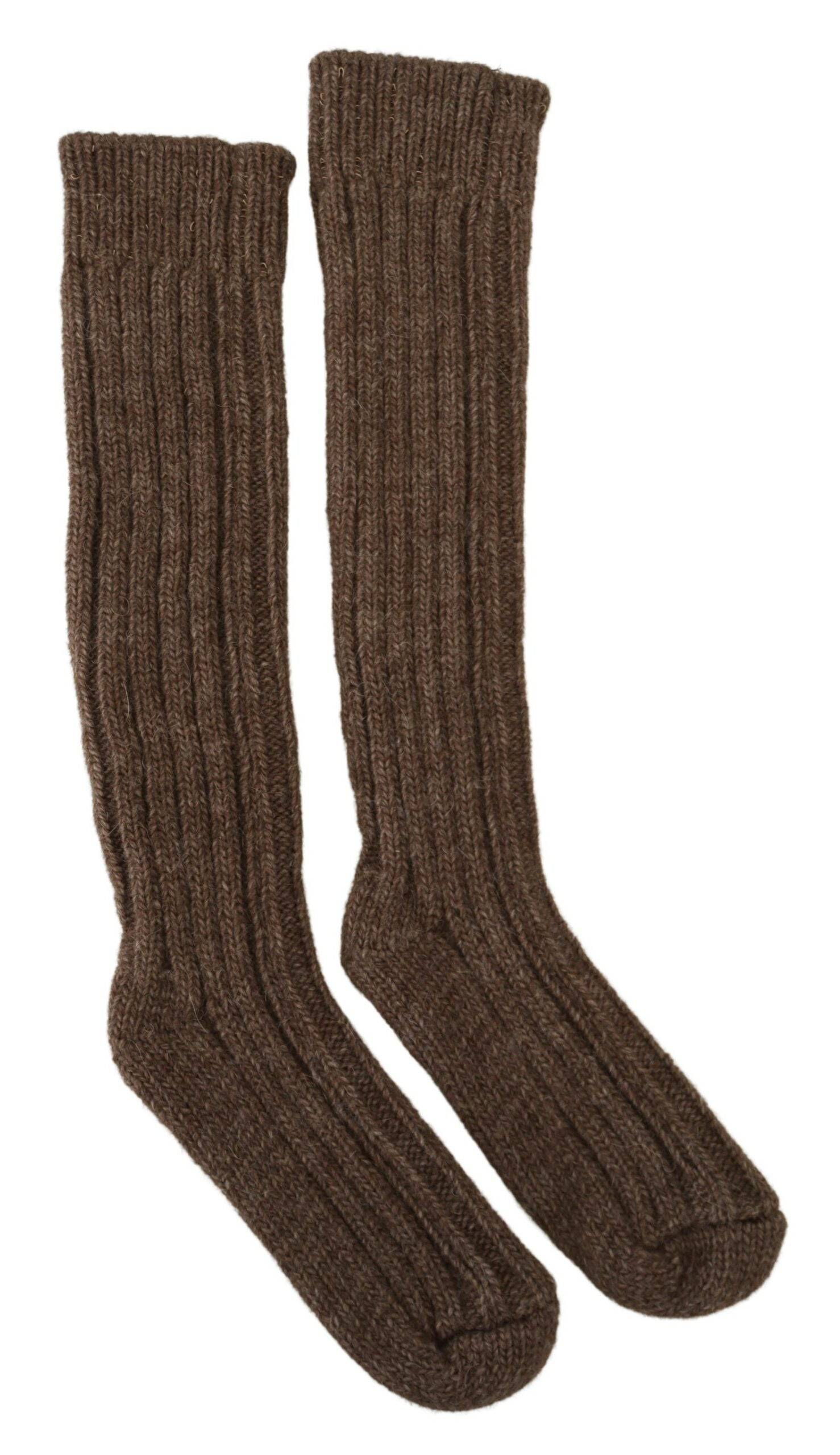 Chaussettes longues en laine marron pour femmes de Dolce & Gabbana, style chaud et élégant, arrêt au mollet.