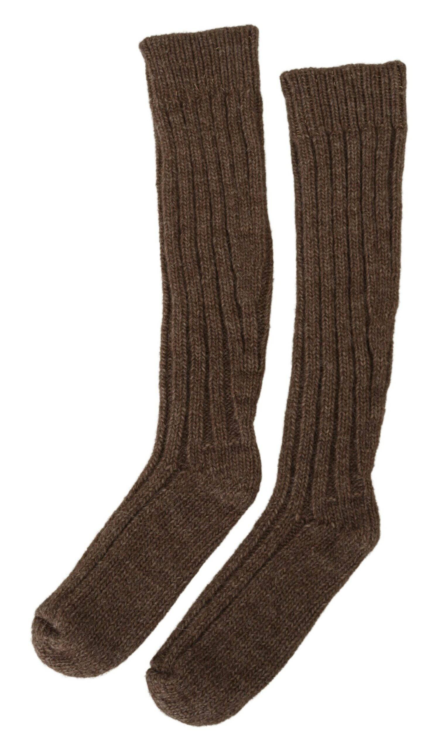 Chaussettes longues en laine marron pour femmes de Dolce & Gabbana, textile chaud et confortable, hauteur jusqu'au mollet.
