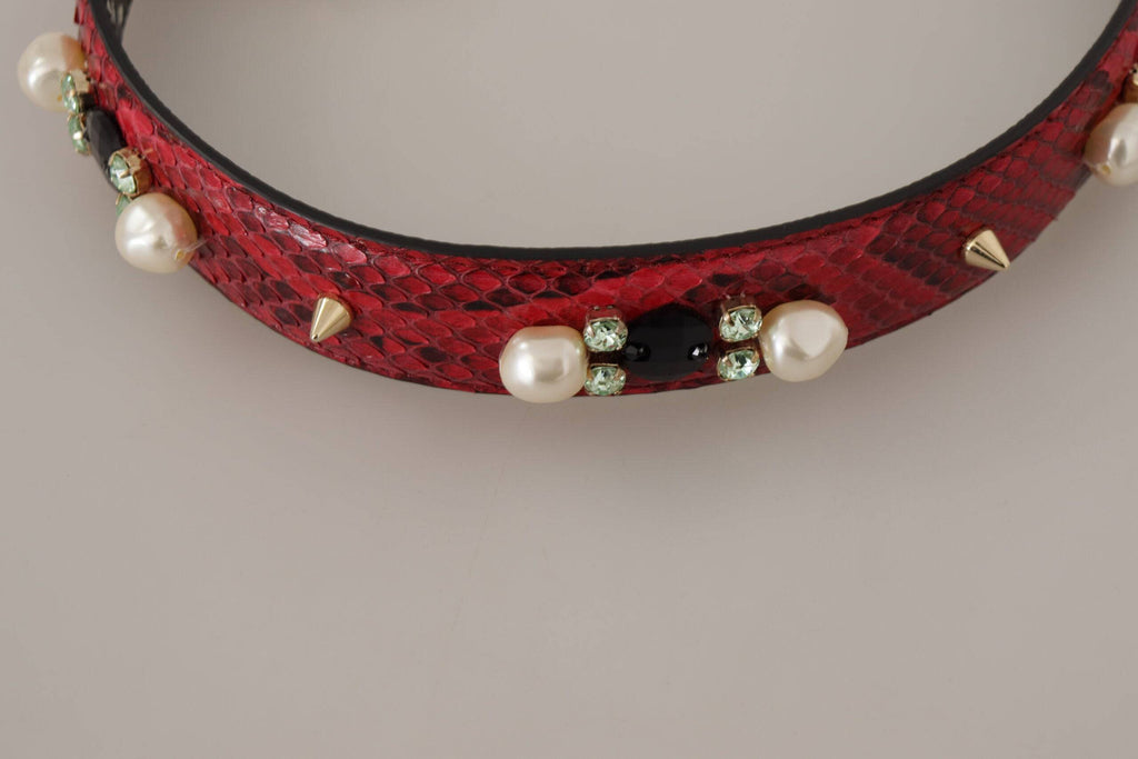 Sangle d'épaule en cuir exotique rouge avec cristaux pour sac Dolce & Gabbana, détail élégant et luxueux.