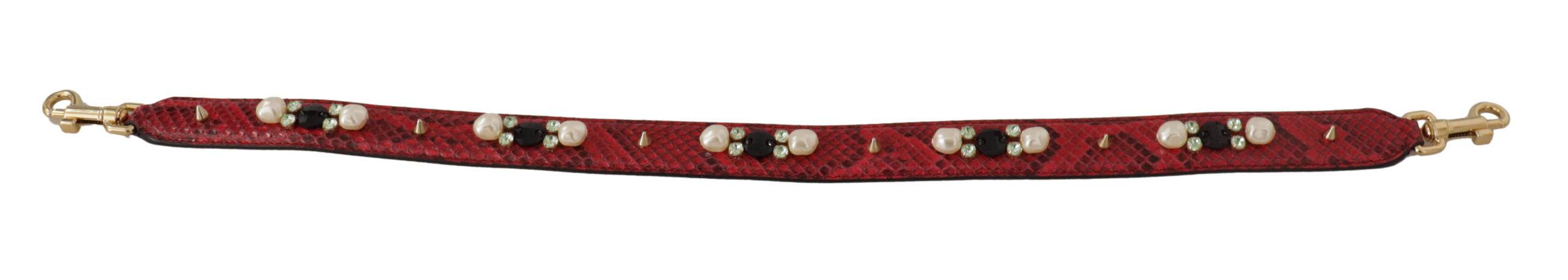 Sangle d'épaule en cuir exotique rouge avec cristaux pour sac Dolce & Gabbana, détail élégant et luxe.