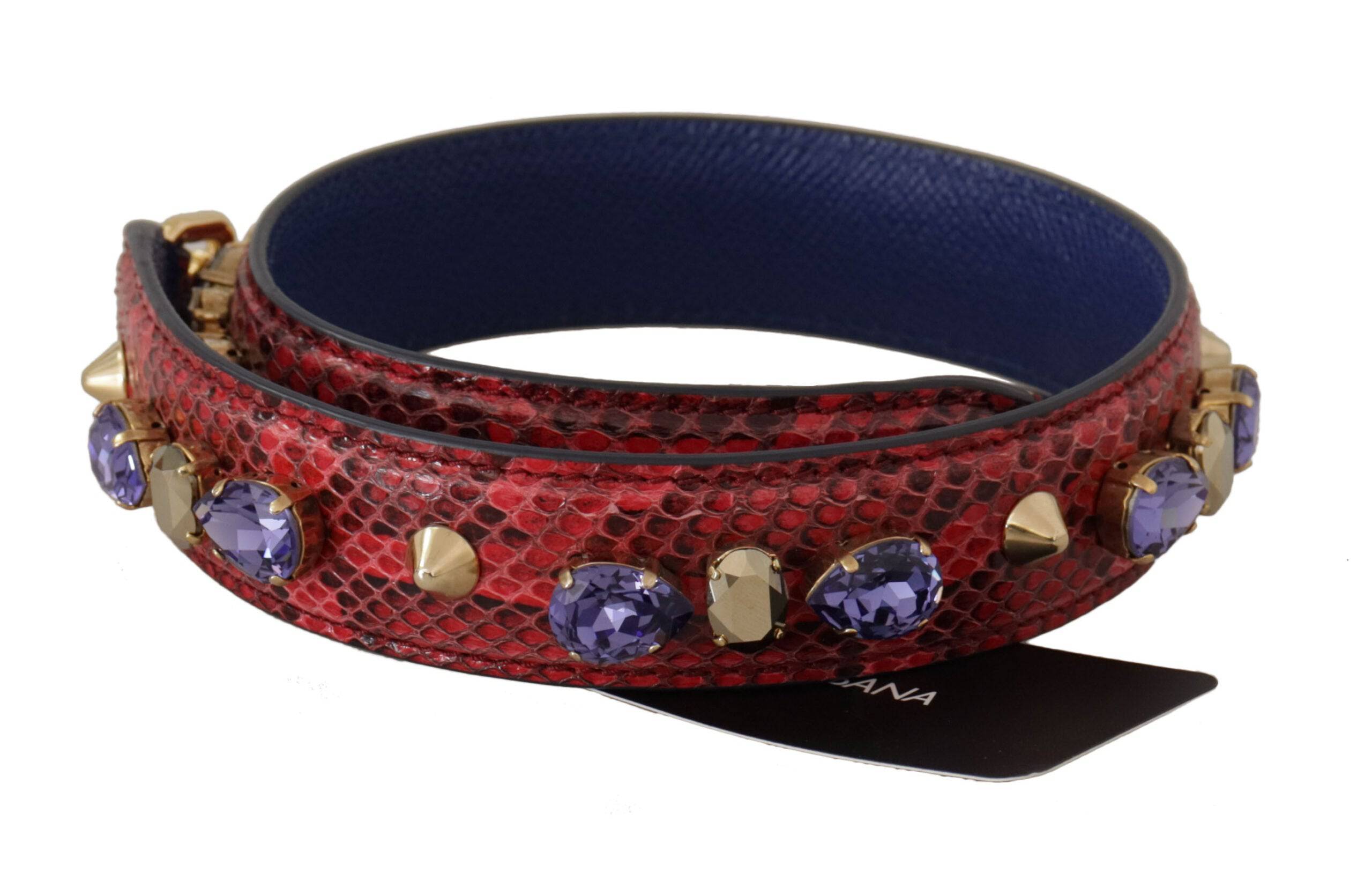 Sangle d'épaule en cuir exotique rouge avec cristaux pour sac Dolce & Gabbana, détail élégant et sophistiqué.
