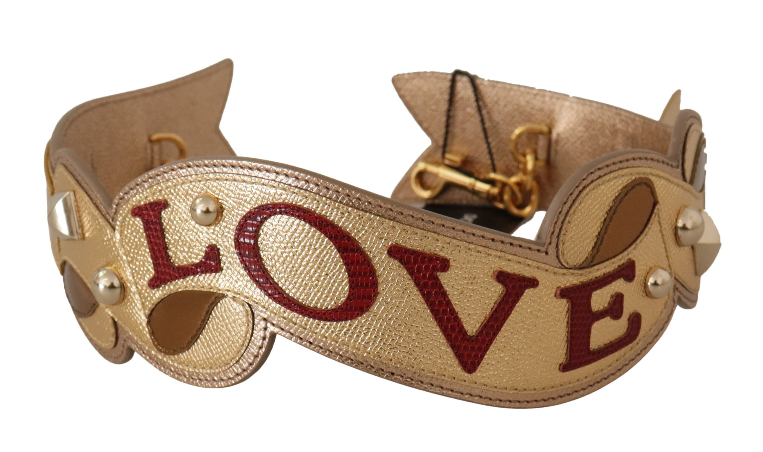 Sangle d'épaule en cuir doré Dolce & Gabbana avec patch LOVE, pour sac à main élégant et tendance.