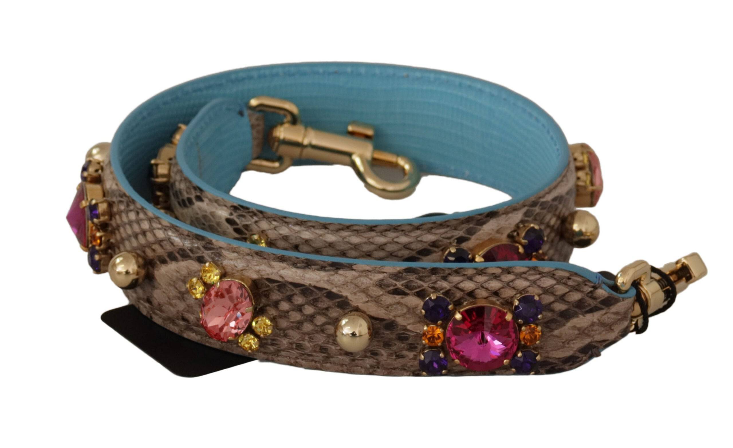 Sangle d'épaule en cuir exotique marron avec cristaux de Dolce & Gabbana, accessoire élégant pour sac à main.