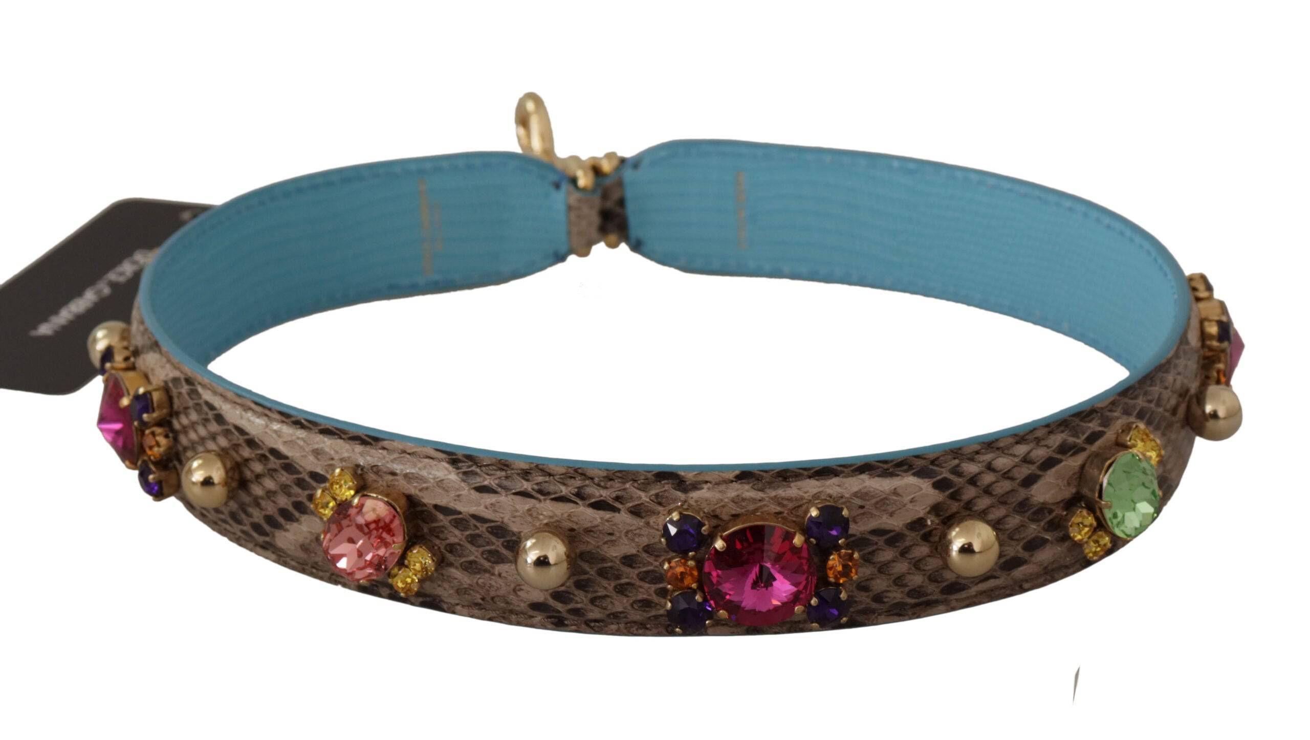 Sangle d'épaule en cuir exotique brune avec cristaux pour sac Dolce & Gabbana, finition élégante et détaillée.
