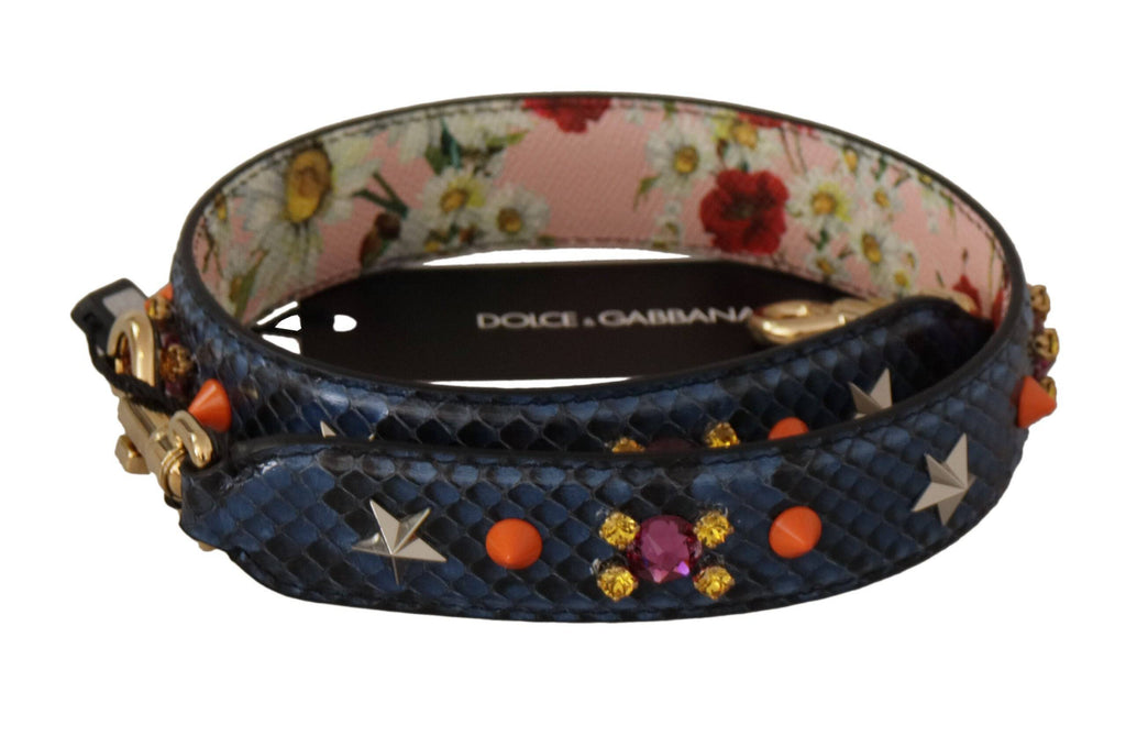 Sangle réversible en cuir exotique bleu avec cristaux de Dolce & Gabbana, porte-épaule élégante et sophistiquée.