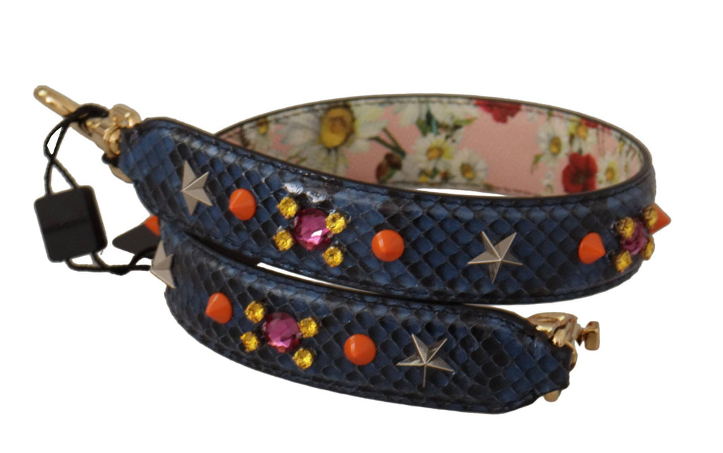Sangle réversible en cuir exotique bleue avec cristaux pour sac à main Dolce & Gabbana, motif élégant et luxurious.