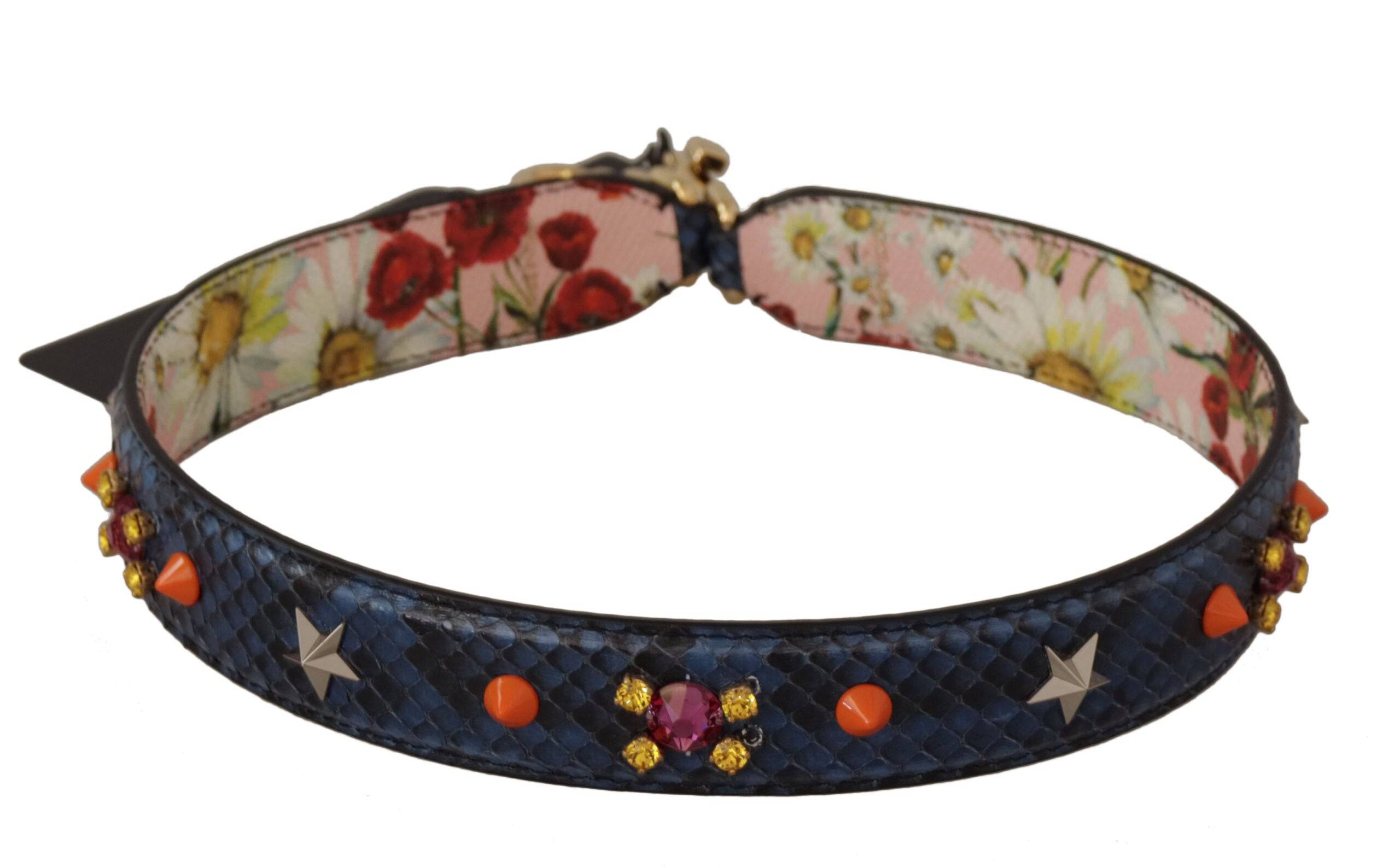 Sangle réversible en cuir exotique bleu avec cristaux de Dolce & Gabbana, pour sac à main ou accessoire de mode.