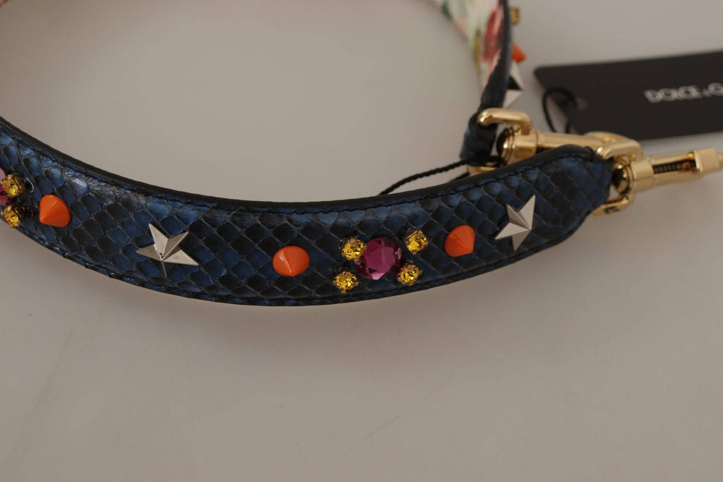 Sangle réversible en cuir exotique bleu avec cristaux pour sac à main Dolce & Gabbana, avec détails élégants et finition sophistiquée.