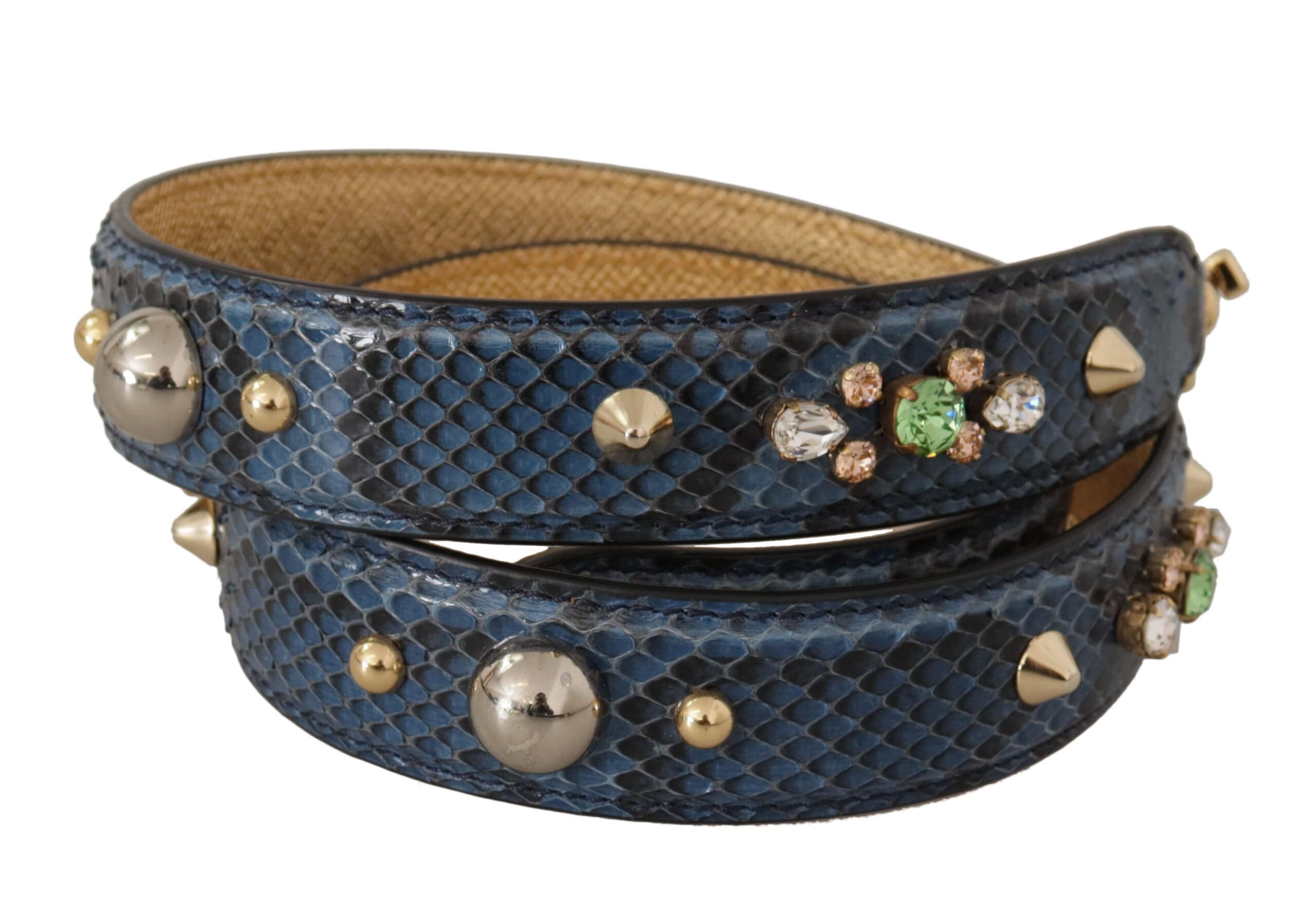 Sangle d'épaule en cuir exotique bleue avec cristaux de Dolce & Gabbana, accessoire élégant pour sac à main.