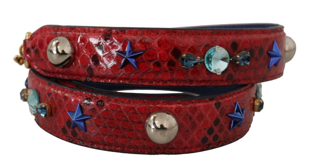 Sangle d'épaule en cuir exotique rouge avec cristaux de Dolce & Gabbana, vue de face.