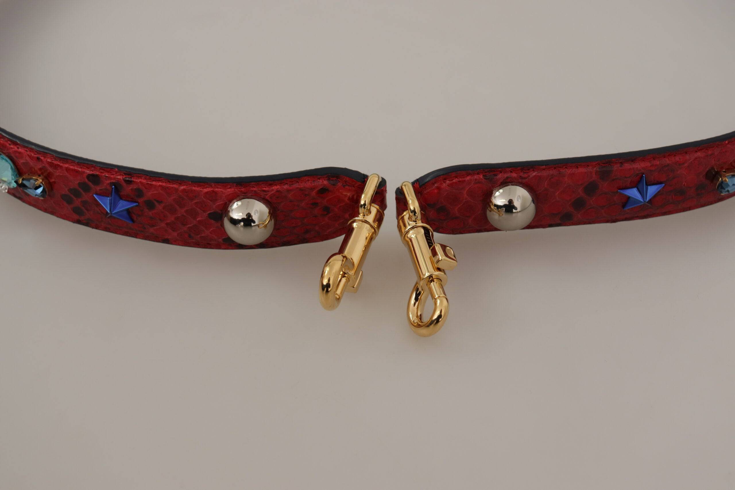 Sangle d’épaule en cuir exotique rouge avec cristaux, pour sac Dolce & Gabbana, détails élégants et sophistiqués.