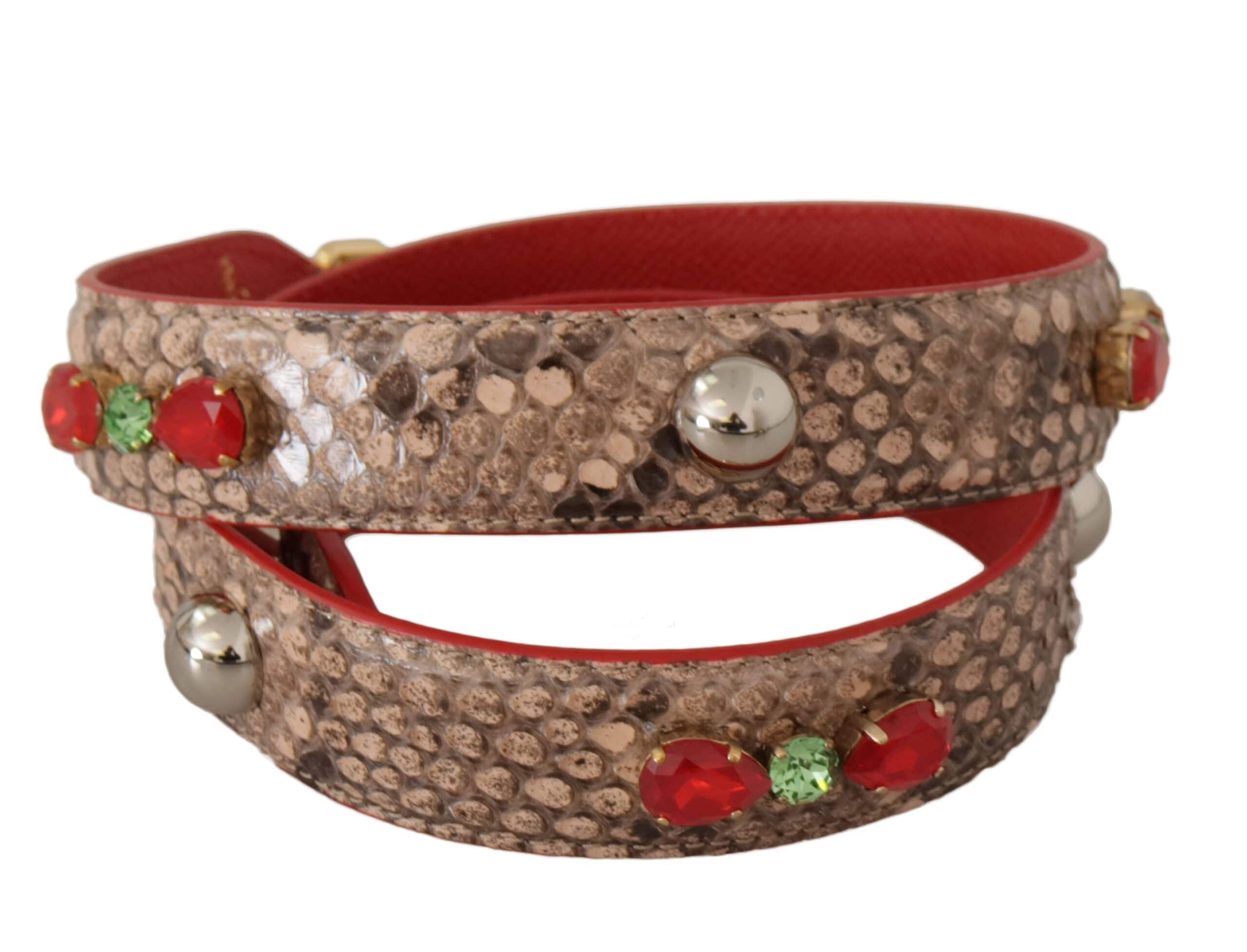 Sangle d'épaule en cuir python brun avec cristaux, Dolce & Gabbana, accessoire de mode élégant pour sac à main.