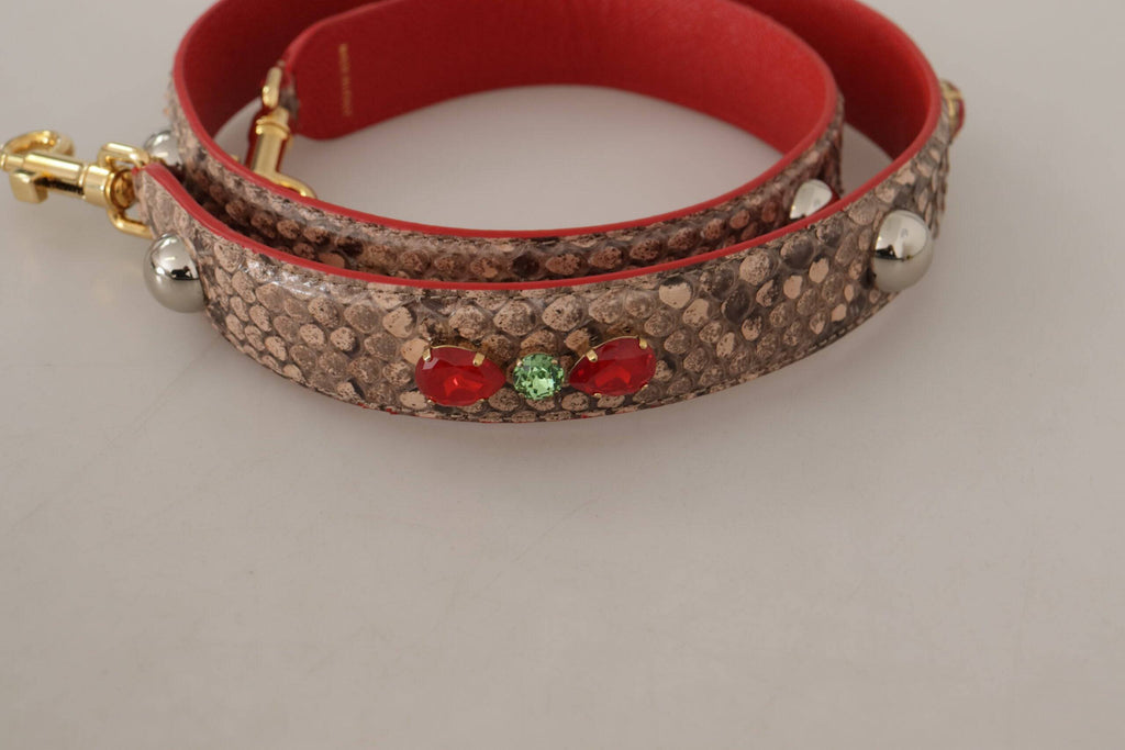 Sangle d'épaule en cuir python brun avec cristaux Dolce & Gabbana, accessoire de mode élégant et luxueux.
