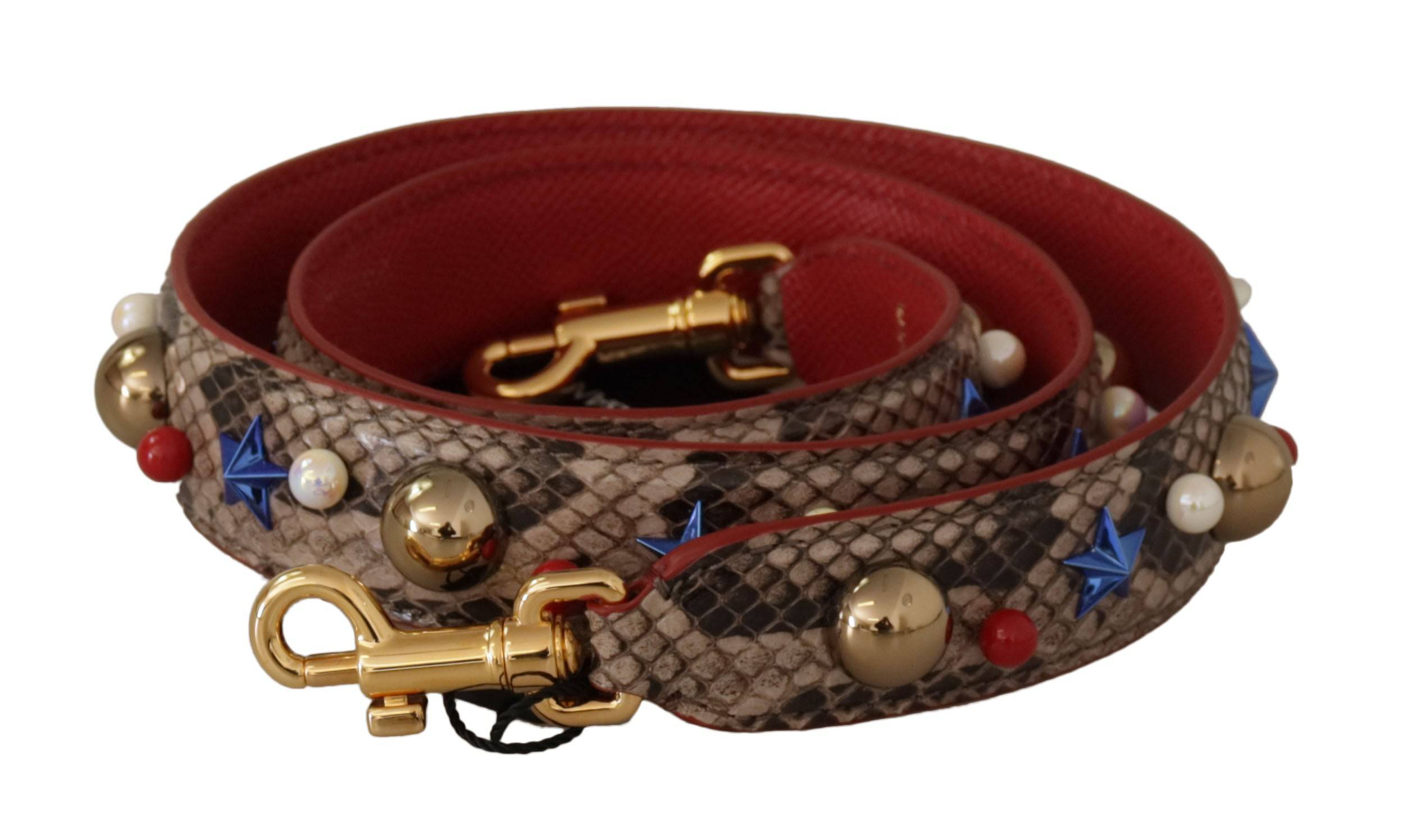 Sangle d'épaule en cuir de python marron avec clous de Dolce & Gabbana, pour sac à main ou accessoire fashion.