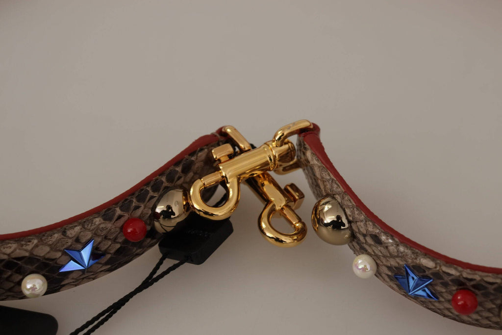 Sangle d'épaule en cuir de python marron avec clous de la marque Dolce & Gabbana, vue en gros plan.