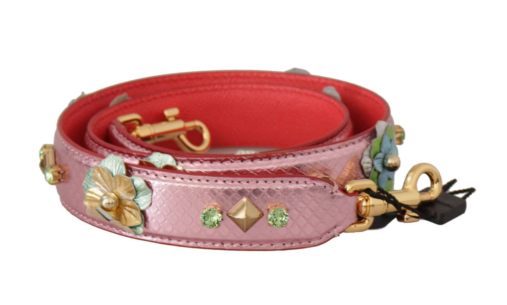 Sangle d'épaule en cuir métallisé rose avec clous de Dolce & Gabbana, détail brillant et élégant pour sac à main.