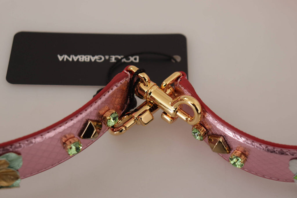 Sangle d'épaule en cuir rose métallisé Dolce & Gabbana avec studs, pour sac à main ou accessoire de mode.