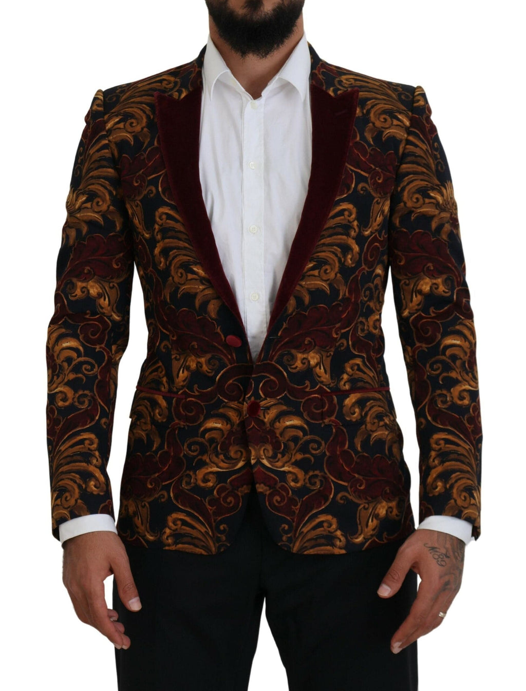 Blazer Martini à fleurs multicolores Dolce & Gabbana, coupe simple, en tissu léger, avec col à revers et boutons.