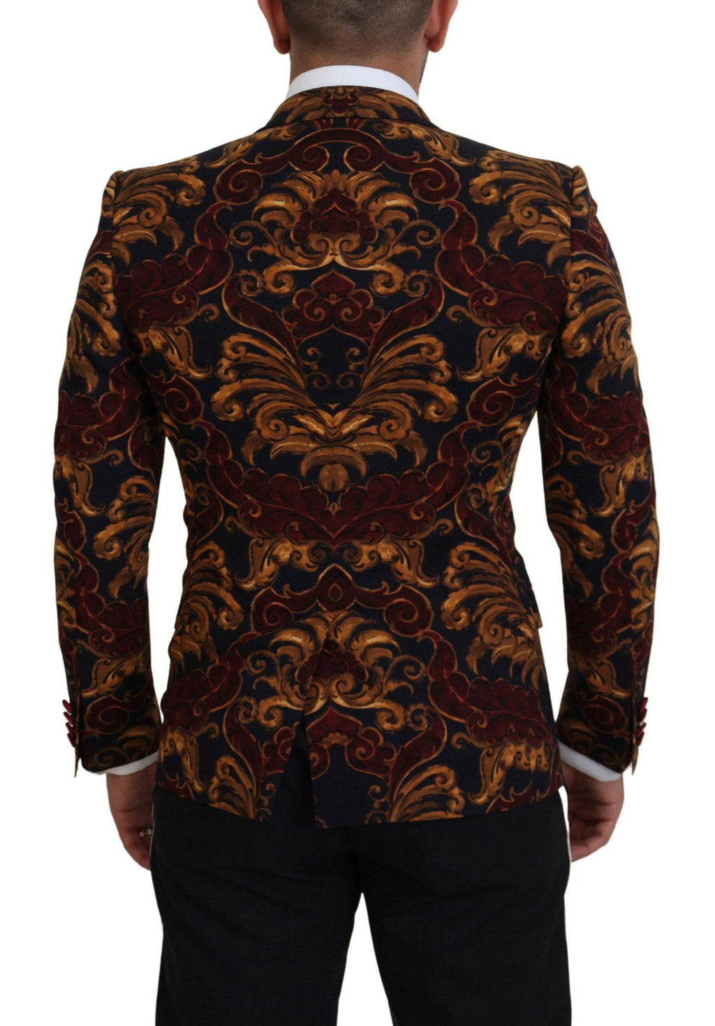 Blazer Dolce & Gabbana à fleurs multicolores, à un bouton, style Martini, coupe ajustée, porté sur un mannequin.