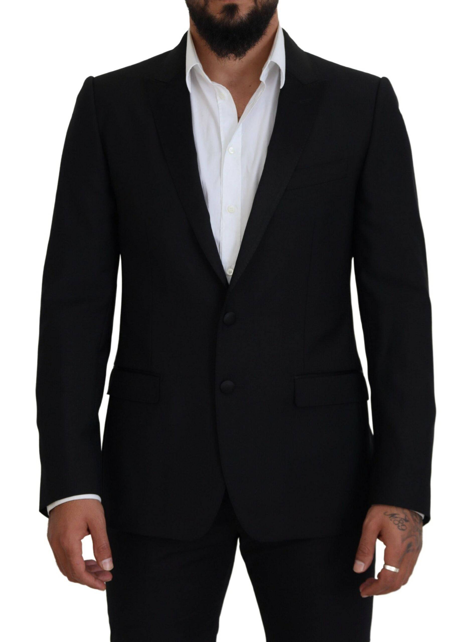 Blazer noir Dolce & Gabbana, coupe slim, veste formelle Martini, détail élégant, tissu de qualité, vue frontale.